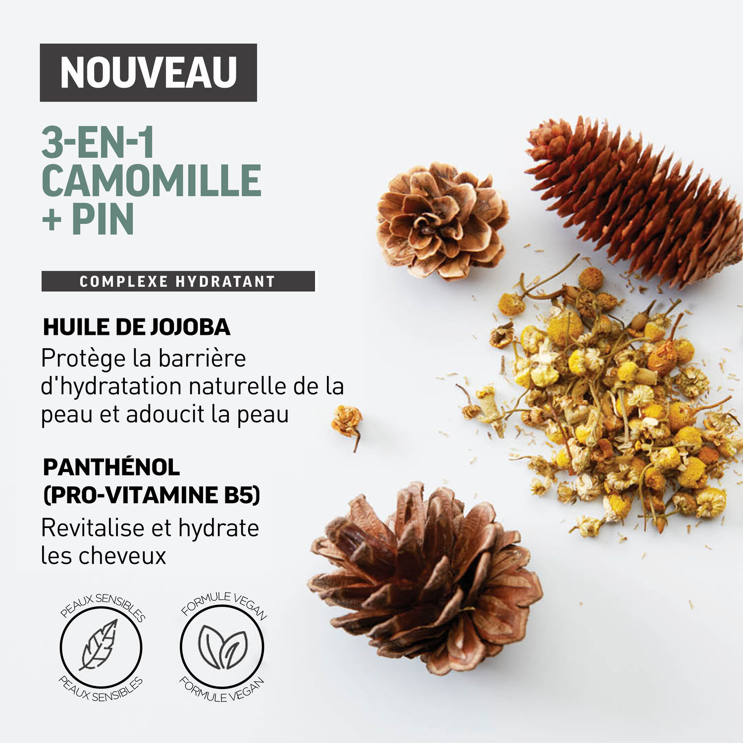 3-en-1 Camomille et Pin - Shampooing 3en1 Revitalisant Hydratant et Apaisant 450 ml