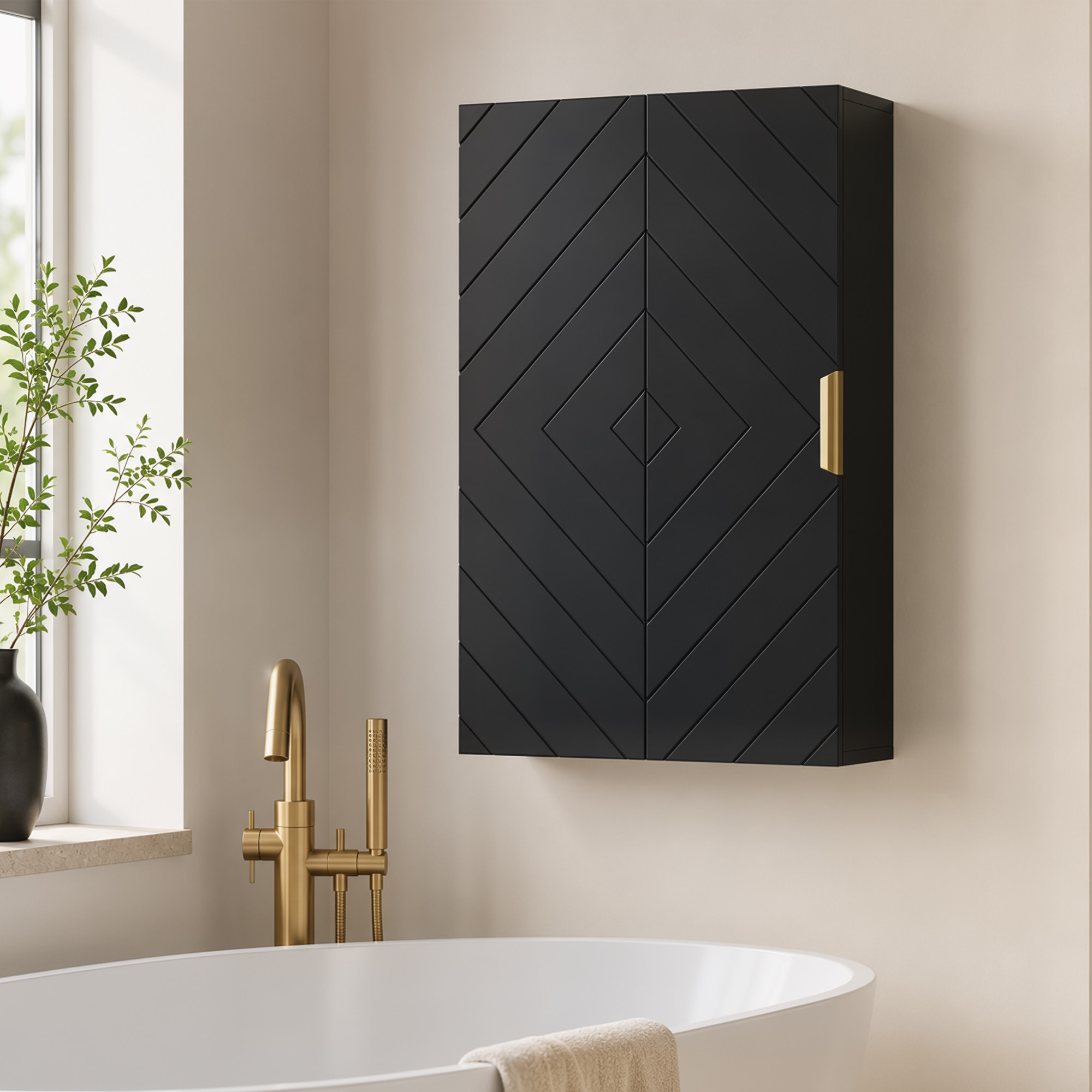 Armoire murale de salle de bain - porte, 2 étagères - poignée métal doré MDF noir