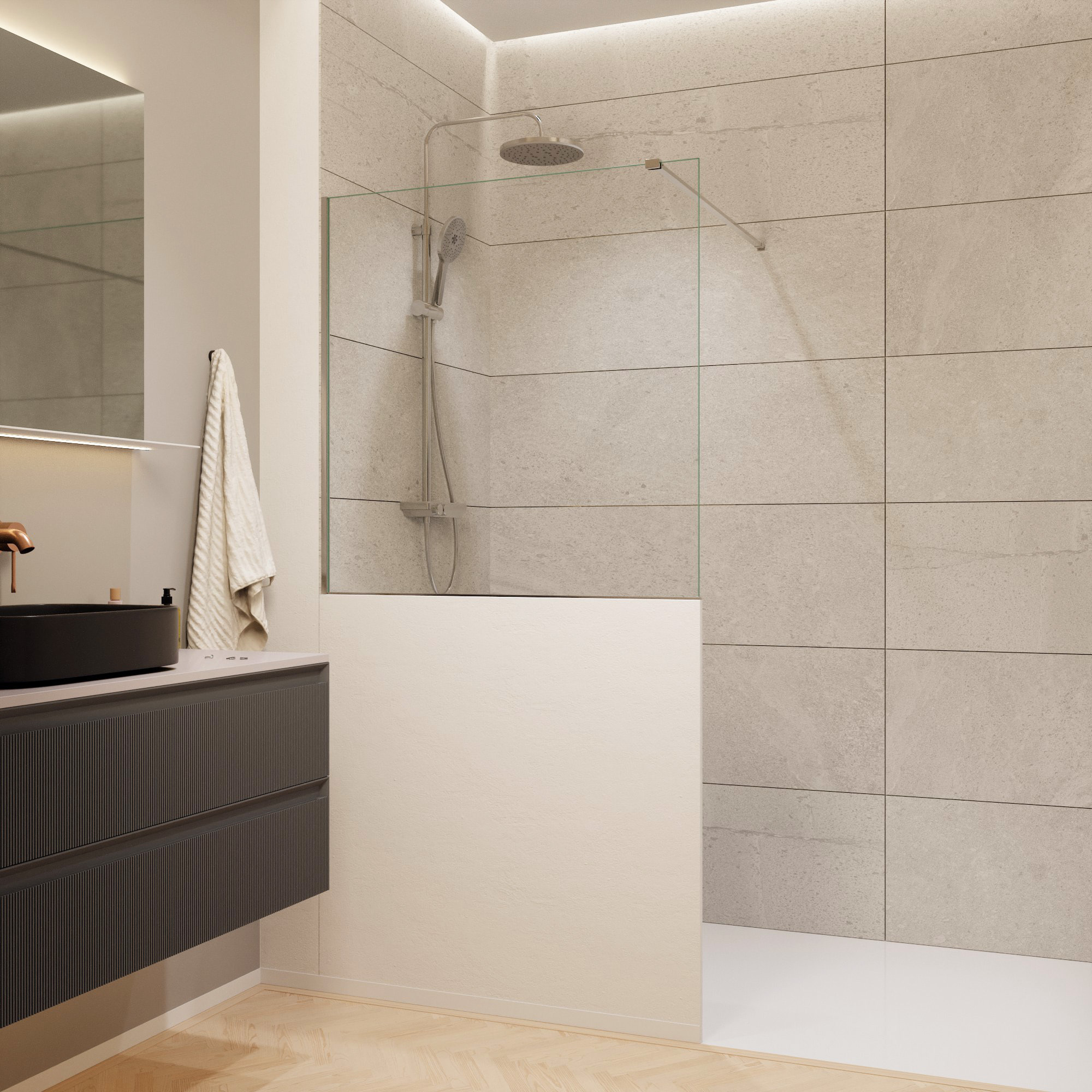 Pare-muret 100x100cm Paroi en verre Crystal Glass® 8 mm anticalcaire, avec bras et profilés chrome brillant (SATBWIS100PR)
