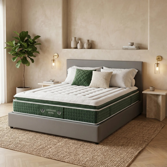 Ensemble matelas Jade & lit coffre Colisée | Mémoire de forme et ressorts ensachés | Grande capacité de stockage | Simili cuir | Gris