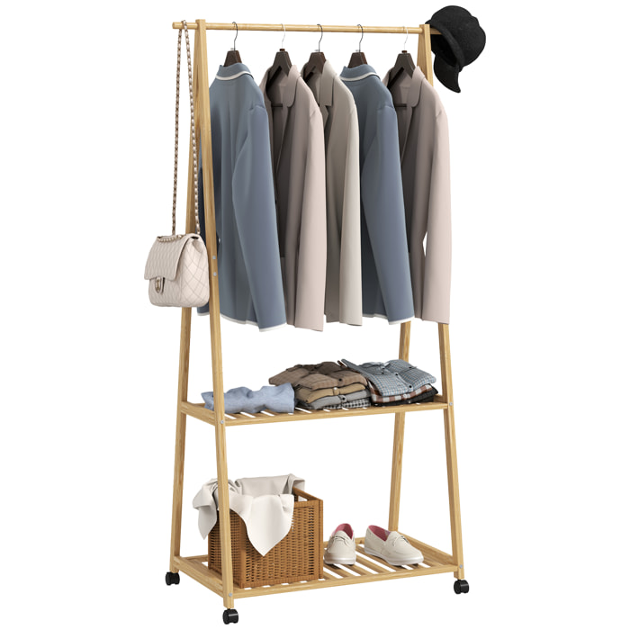 Burro para Ropa de Bambú Perchero Burro para Ropa con Ruedas 2 Estantes Abiertos y 2 Ganchos Perchero para Entrada Pasillo Dormitorio 84,5x43,5x158 cm Natural