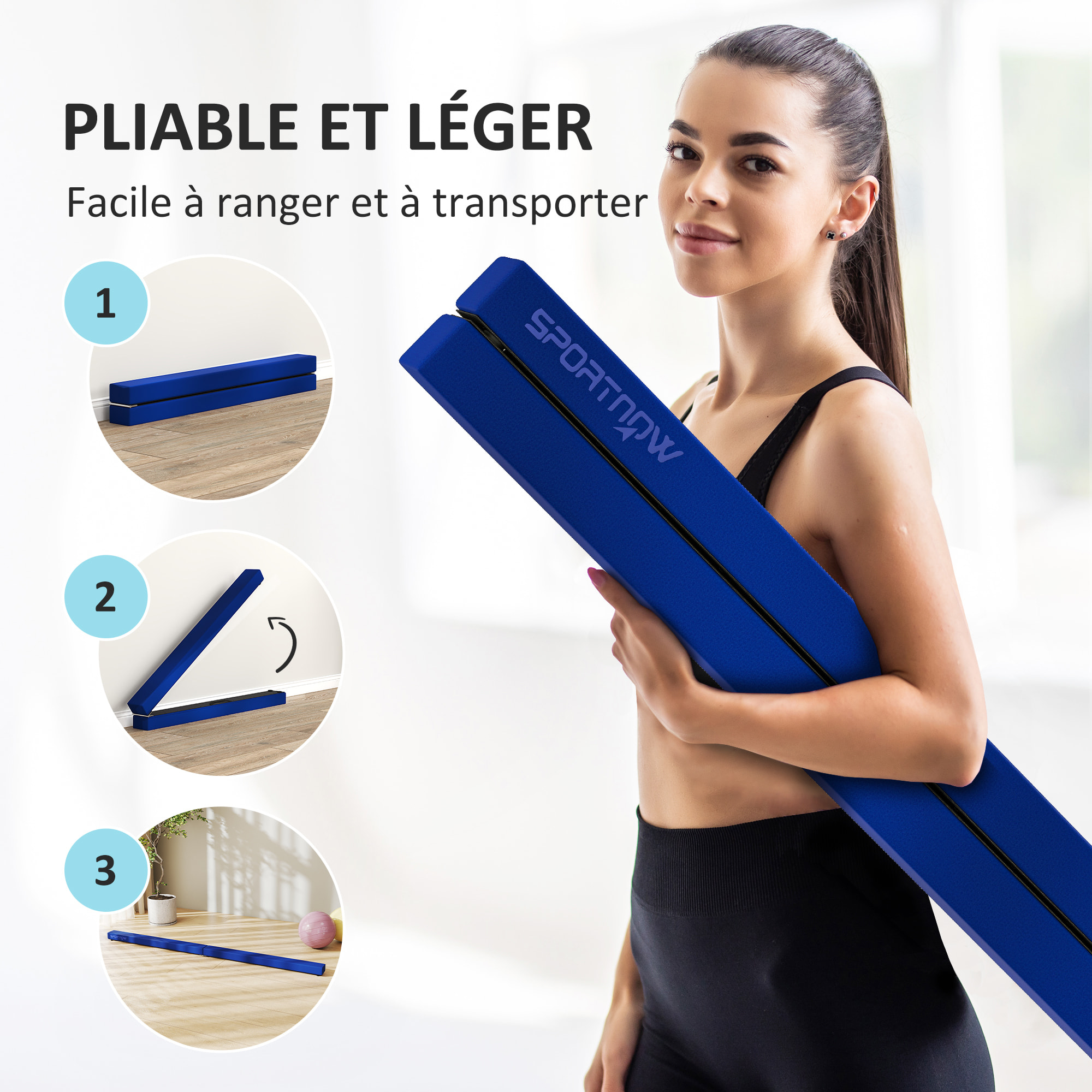 Poutre gymnastique pliable 210 cm - poutre d'équilibre antidérapante - bois de pin revêtement flanelle bleu