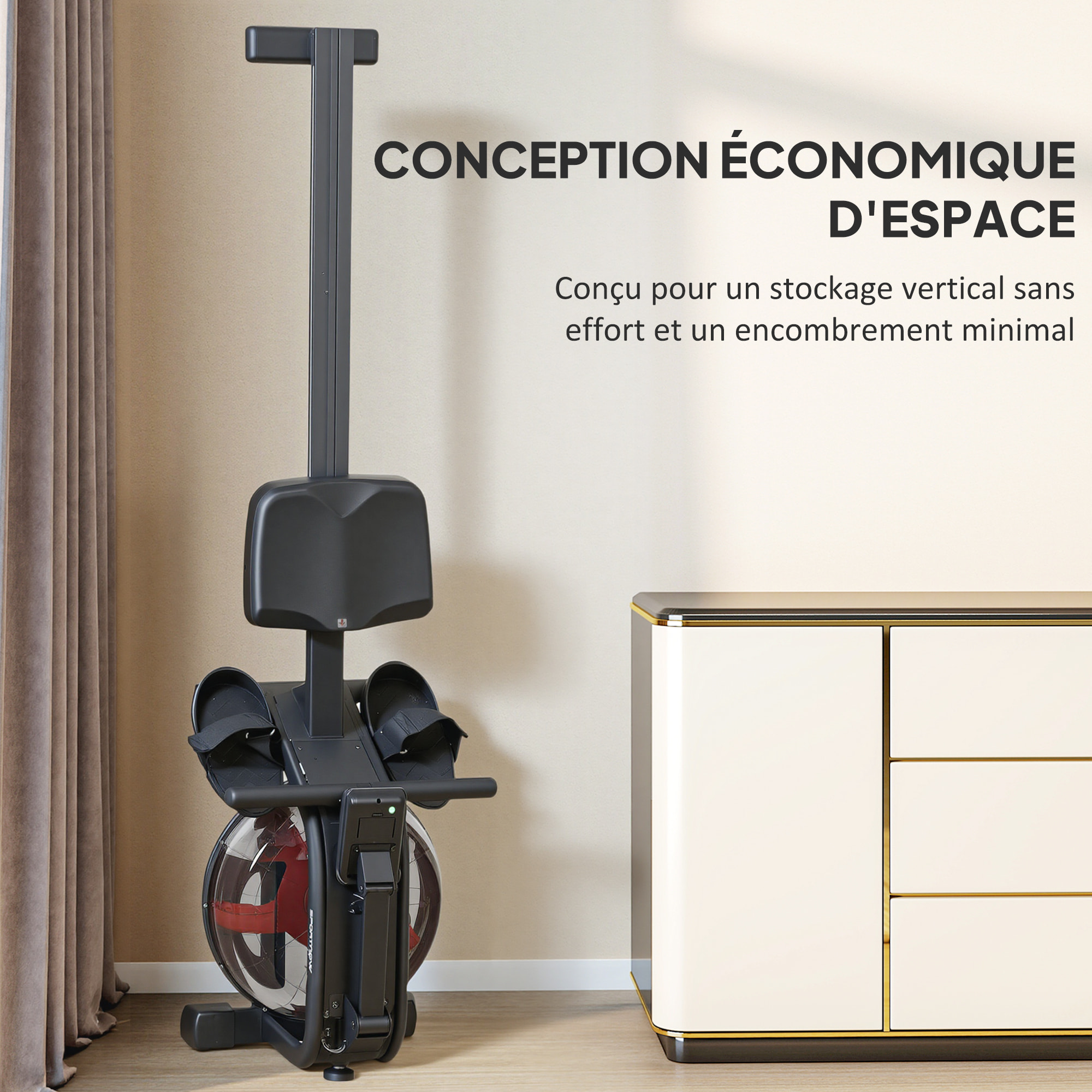 Rameur à eau résistance ajustable réservoir 6-11L écran LCD multifonction rangement vertical acier noir