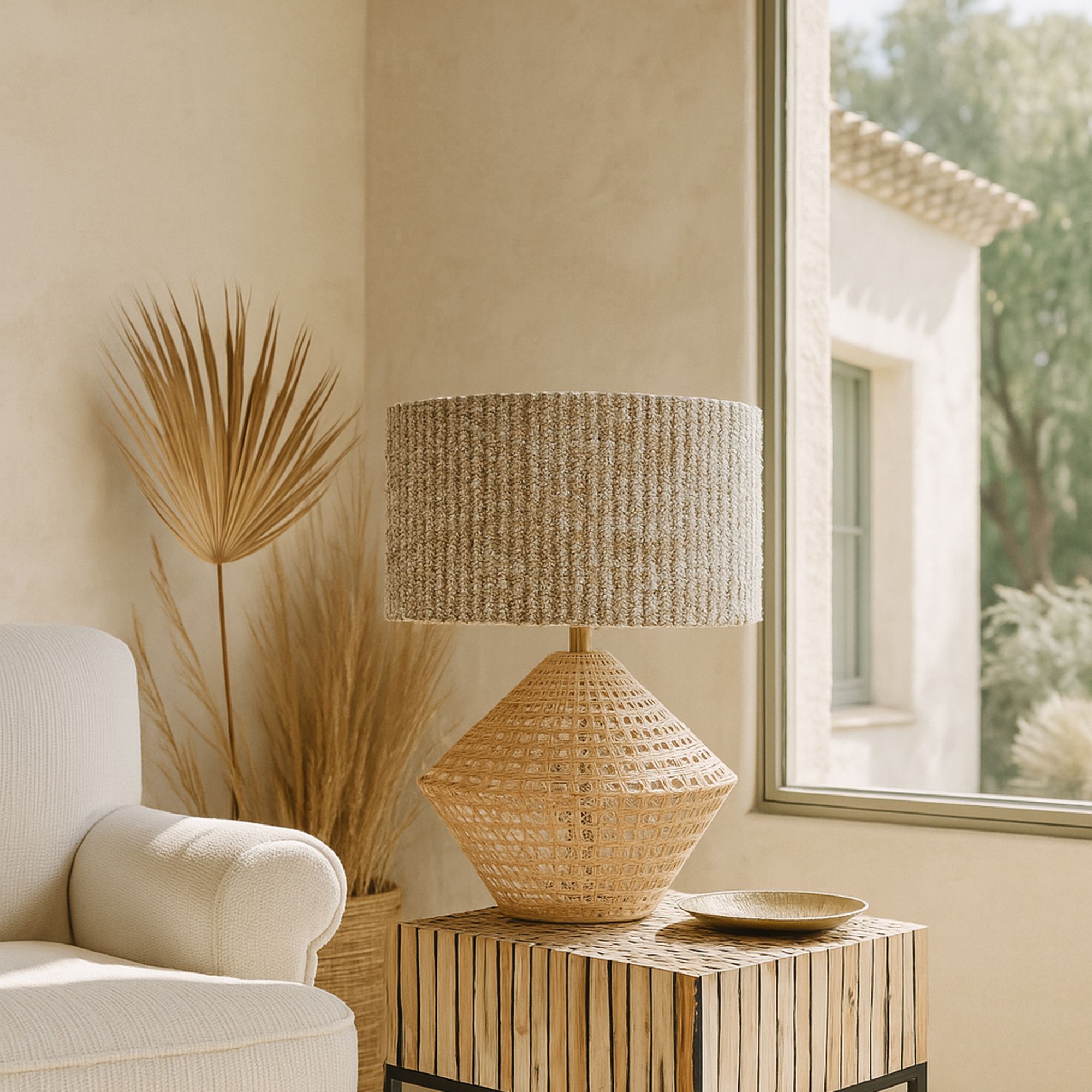 Lampe à poser en rotin et abat jour en tissu h32cm LINA