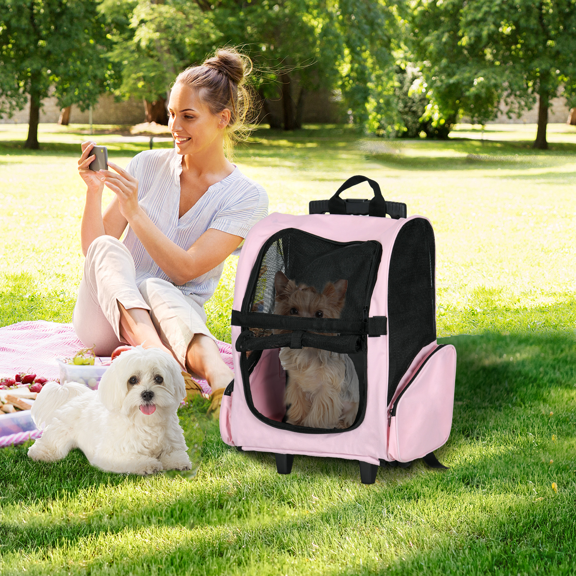 2 en 1 trolley chariot sac a dos sac de transport a roulettes pour chien chat rose