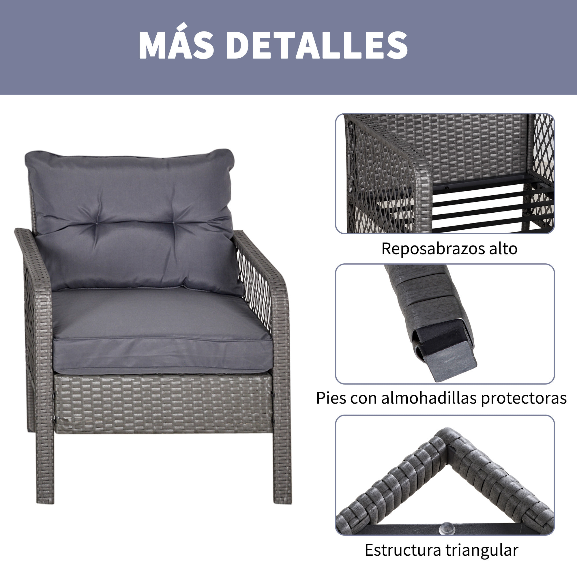 Conjunto de Muebles de Ratán Jardín 2 Sillones y 1 Mesa de Vidrio Templado Gris