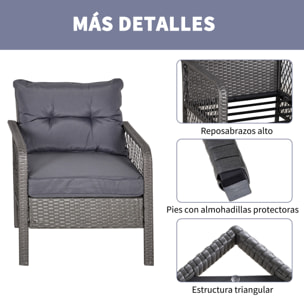 Conjunto de Muebles de Ratán Jardín 2 Sillones y 1 Mesa de Vidrio Templado Gris