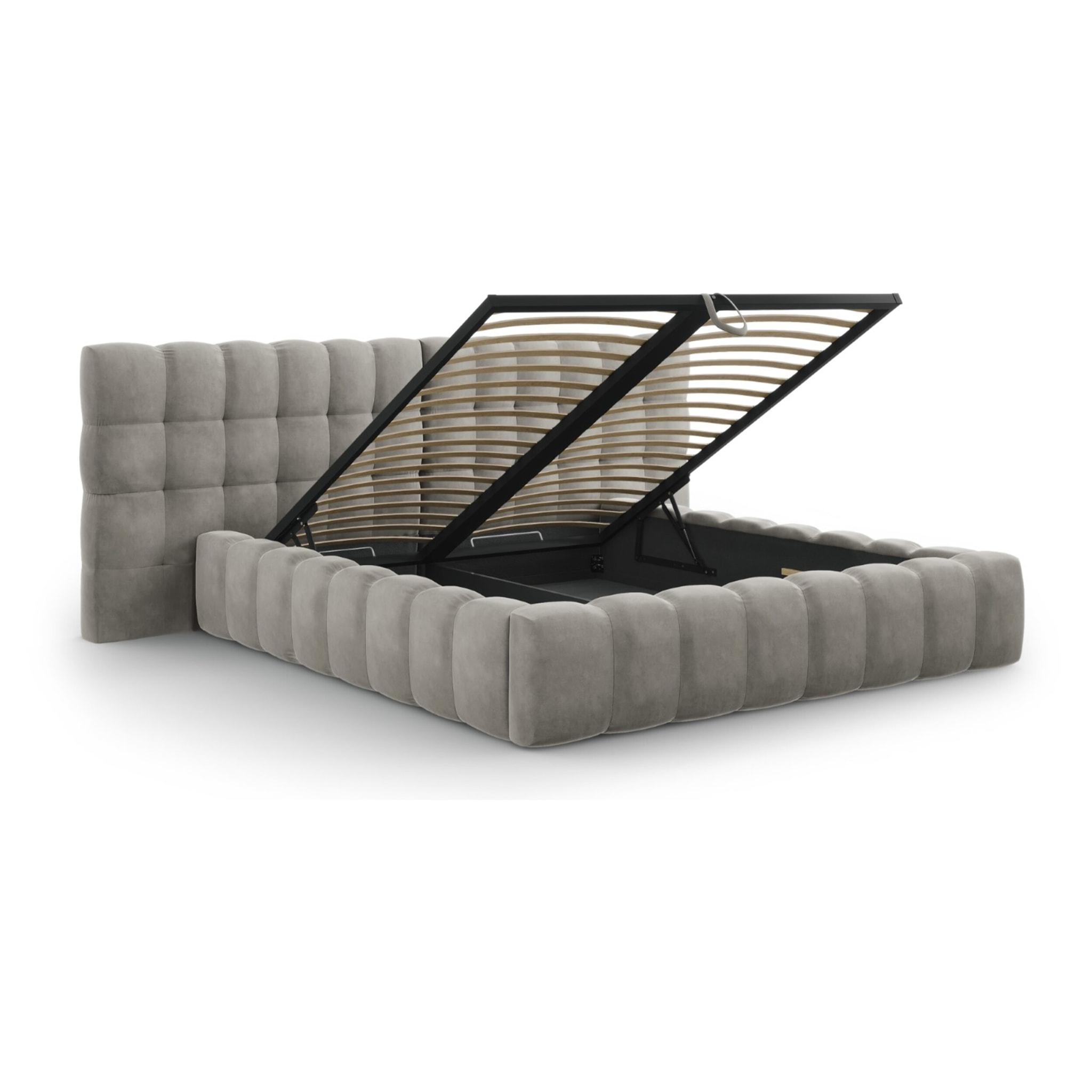 Lit coffre avec tête de lit double "Bali" 180x200cm en velours gris clair