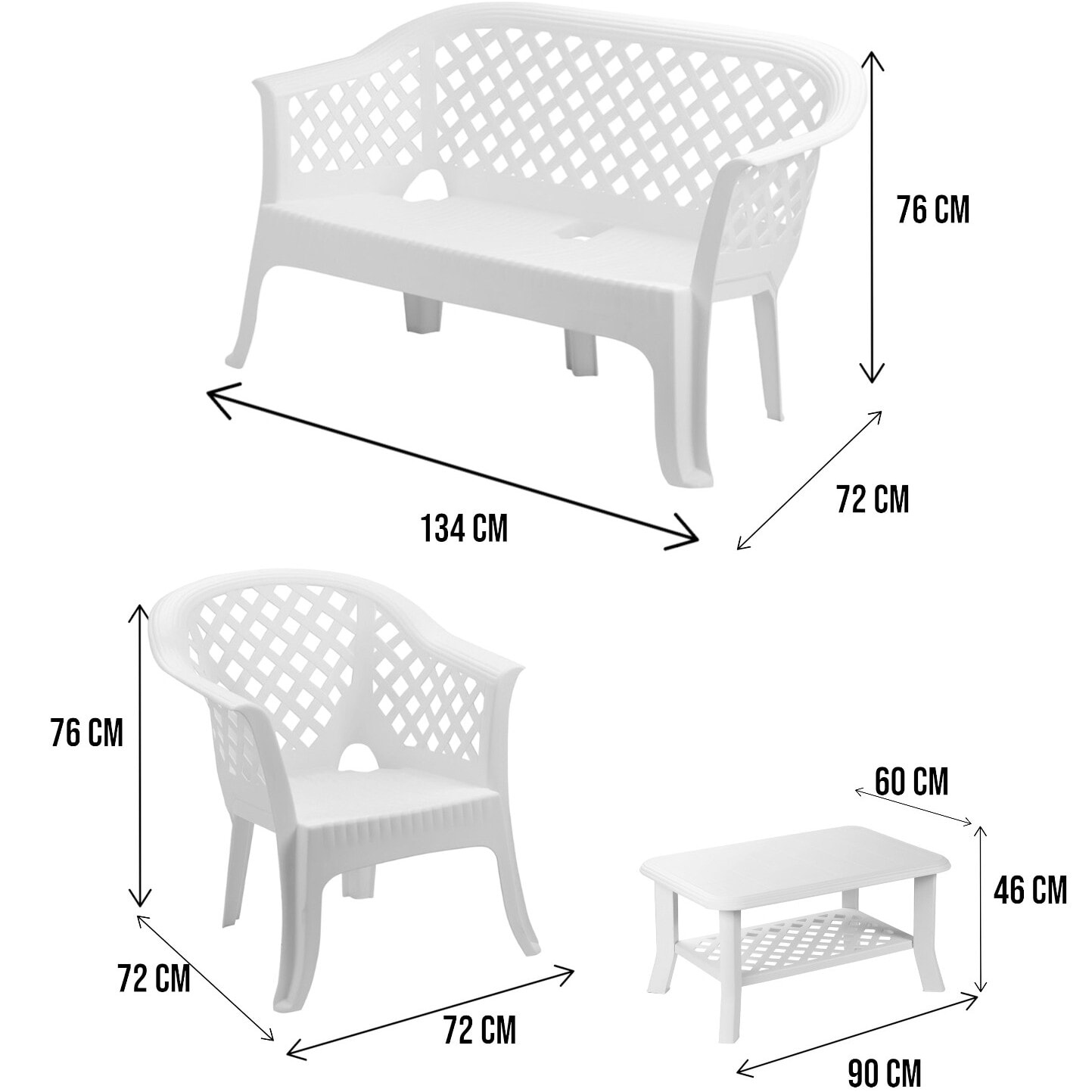 Set salotto da esterno Adone, Composizione da giardino con 2 poltrone, 1 panchina ed 1 tavolino, Salottino indoor ed outdoor, 100% Made in Italy, Bianco