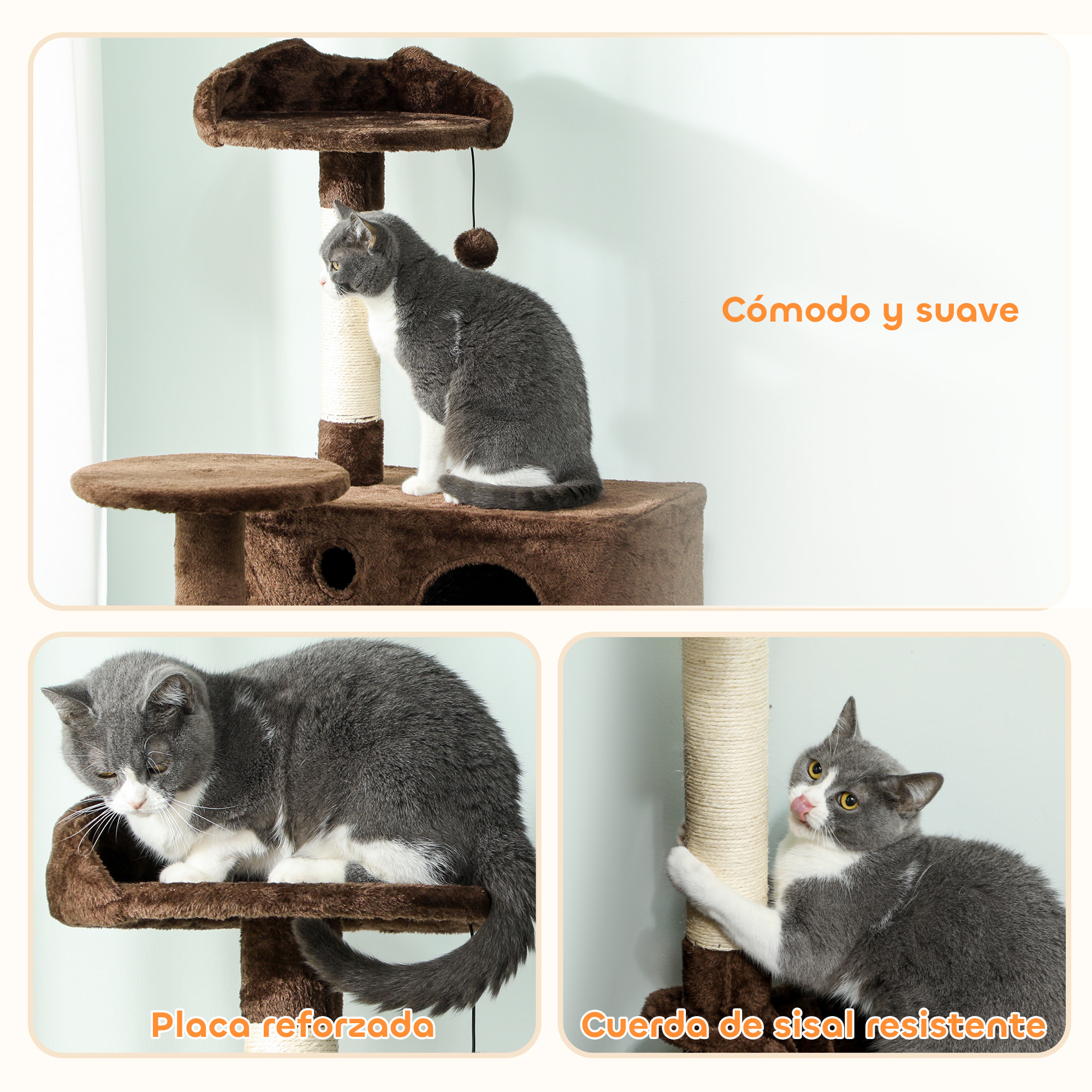 Árbol Rascador para Gatos, Árbol para Gatos 160 cm, Torre Escalador con Múltiples Plataformas, Cama, 2 Cuevas, Hamaca, Escalera, Postes de Sisal, Bolas para Jugar, Marrón