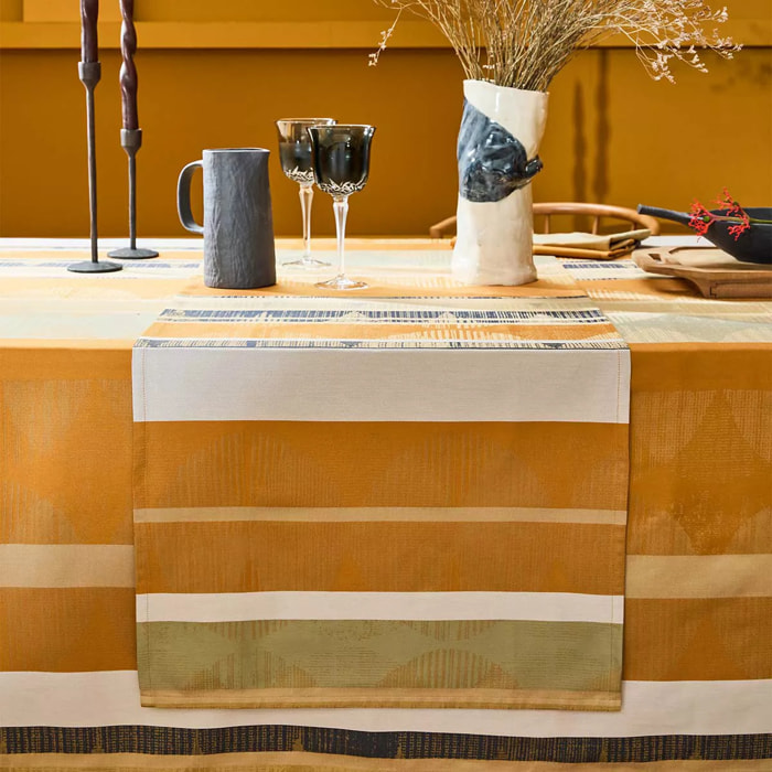 Chemin de table pur coton motif jacquard beige marron Mille edo cuir