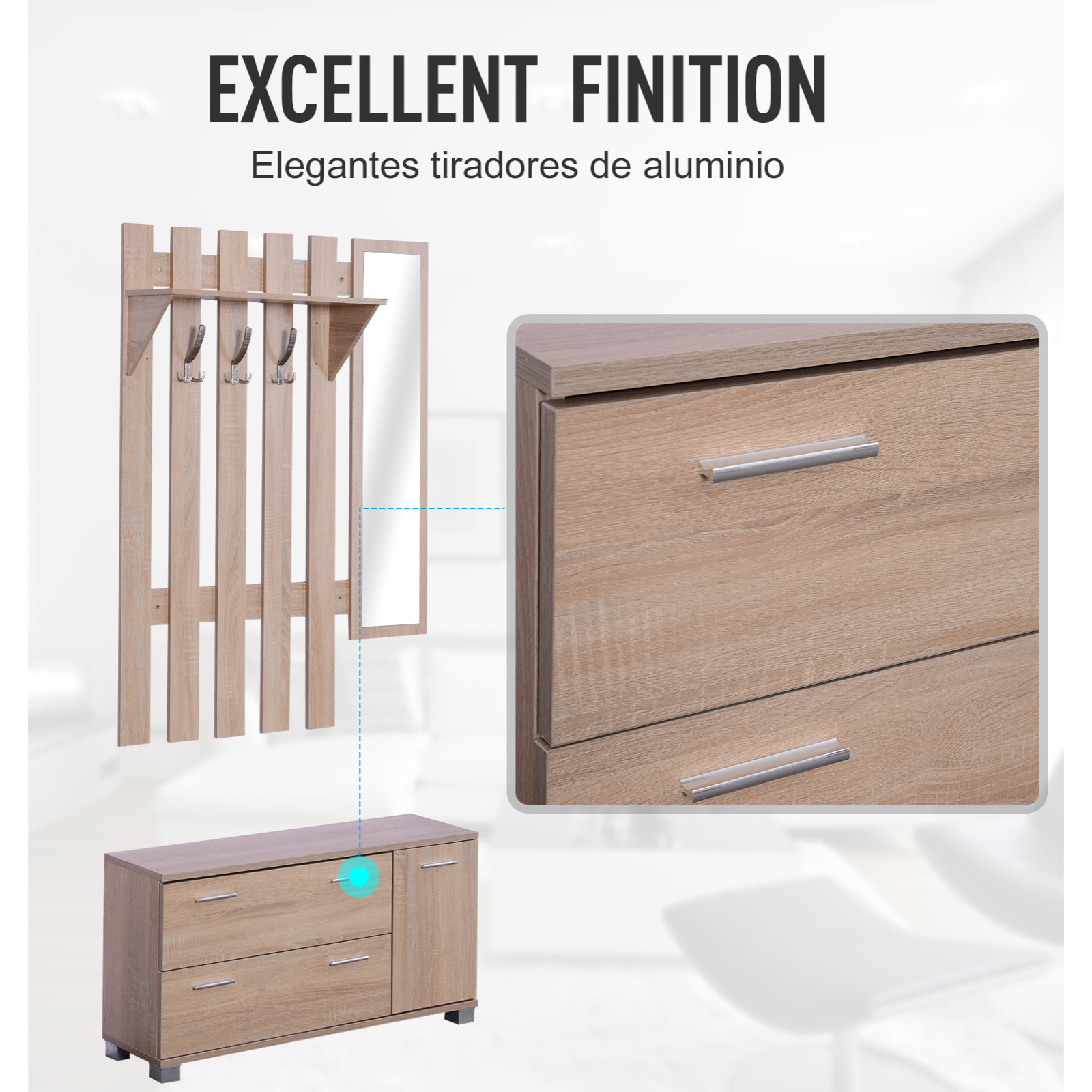 Pack 3 Muebles de Entrada Pasillo 90x21,5x116cm Roble