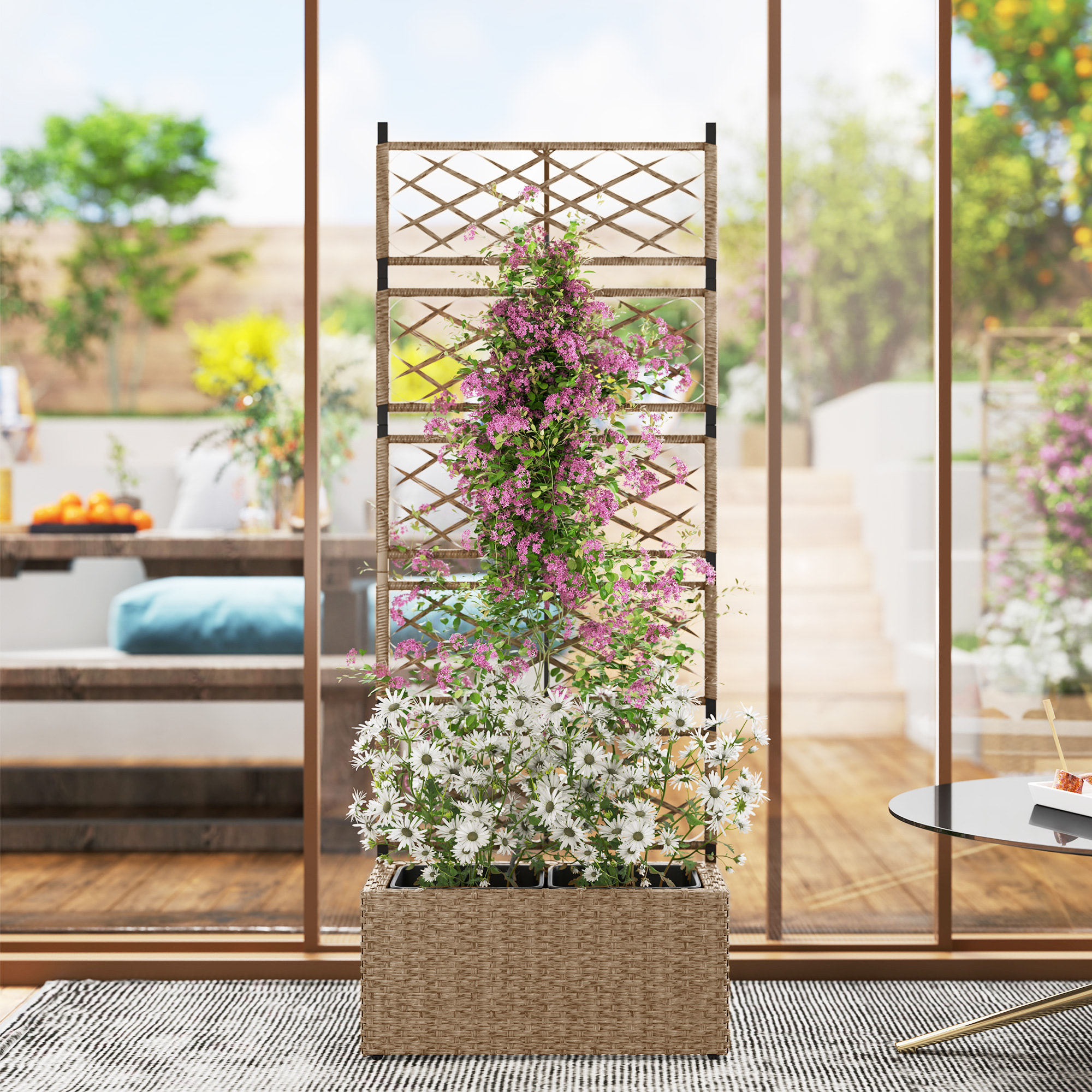 Jardinera con Enrejado de Ratán Jardinera Exterior Grande con Enrejado 2 Macetas Extraíbles para Plantas Trepadoras para Jardín Patio Terraza 57x30x150 cm Natural