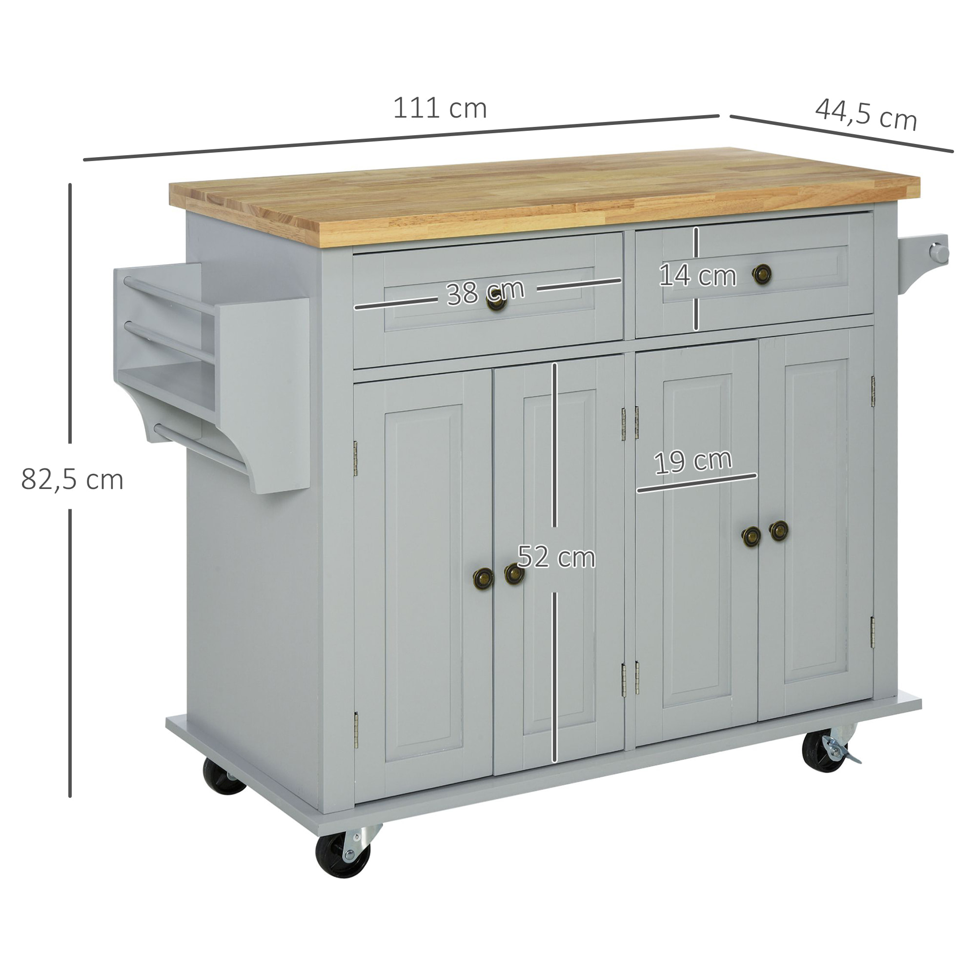 Isla de Cocina con Ruedas Carro de Cocina con 2 Cajones 4 Puertas Especiero Encimera de Madera y Barra Lateral para Comedor 111x44,5x82,5 cm Gris