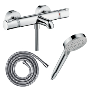 Pack mitigeur bain thermostatique HANSGROHE Ecostat Comfort + Flexible Metaflex 1,6m + Pommeau Vernis Blend EcoSmart 2 jets chromé