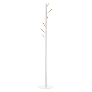 HOMCOM Perchero de Pie de Madera Perchero de Árbol con 6 Ganchos para Ropas Bolsas y Marco de Metal para Salón Entrada Dormitorio 35x35x174 cm Blanco