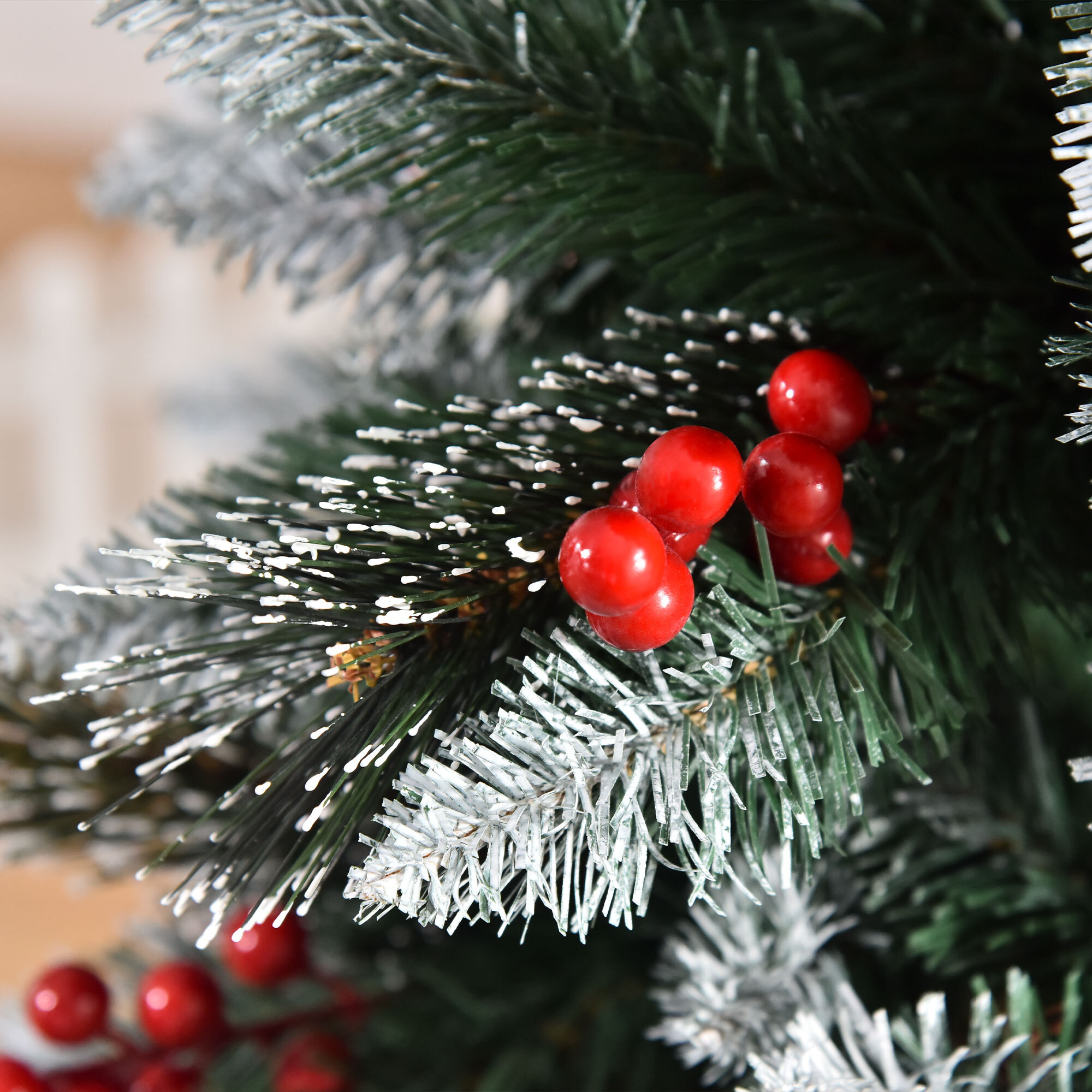 HOMCOM árbol de Navidad Artificial con Nieve 180 cm Ignífugo con 539 Ramas 51 Bayas Hojas de PVC Base Plegable y Soporte Metálico Decoración Navideña para Interiores Verde