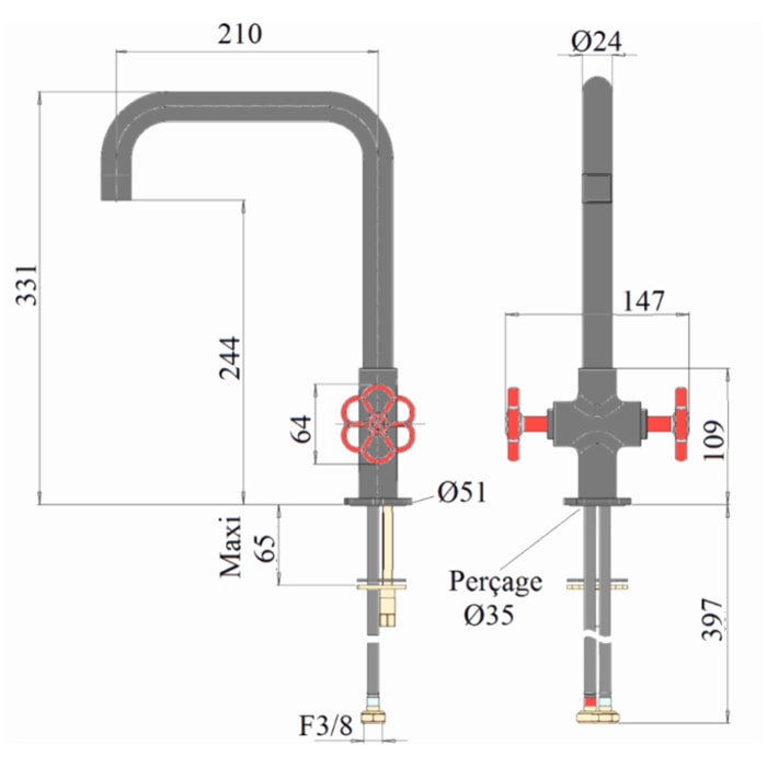 PAINI Mélangeur cuisine Induss Bec haut chrome - manette rouge