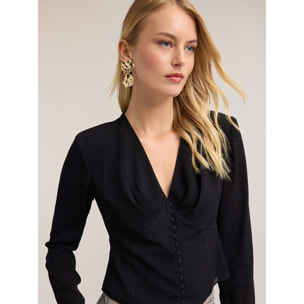 Motivi - Camisa en crepé de China con botones forrados - Negro