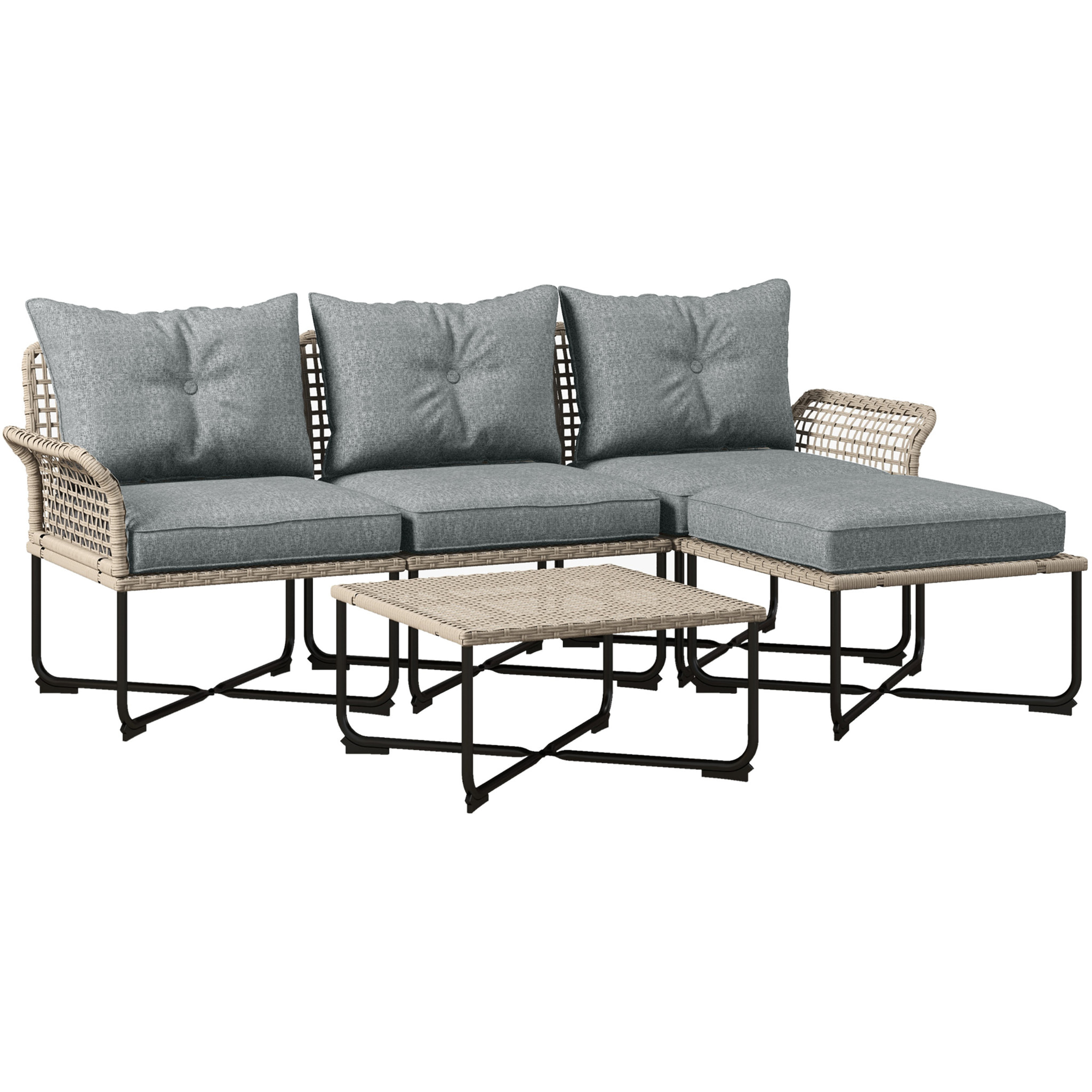 Conjunto de Jardín Exterior de Ratán Sintético de 5 Piezas Muebles de Jardín Exterior Incluye 2 Sofás Esquineras 1 Sofá de Exterior 1 Taburete 1 Mesa de Centro con Cojines Gris