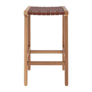 Tabouret pour îlot central 68 cm en teck et cuir tressé marron - Kuna