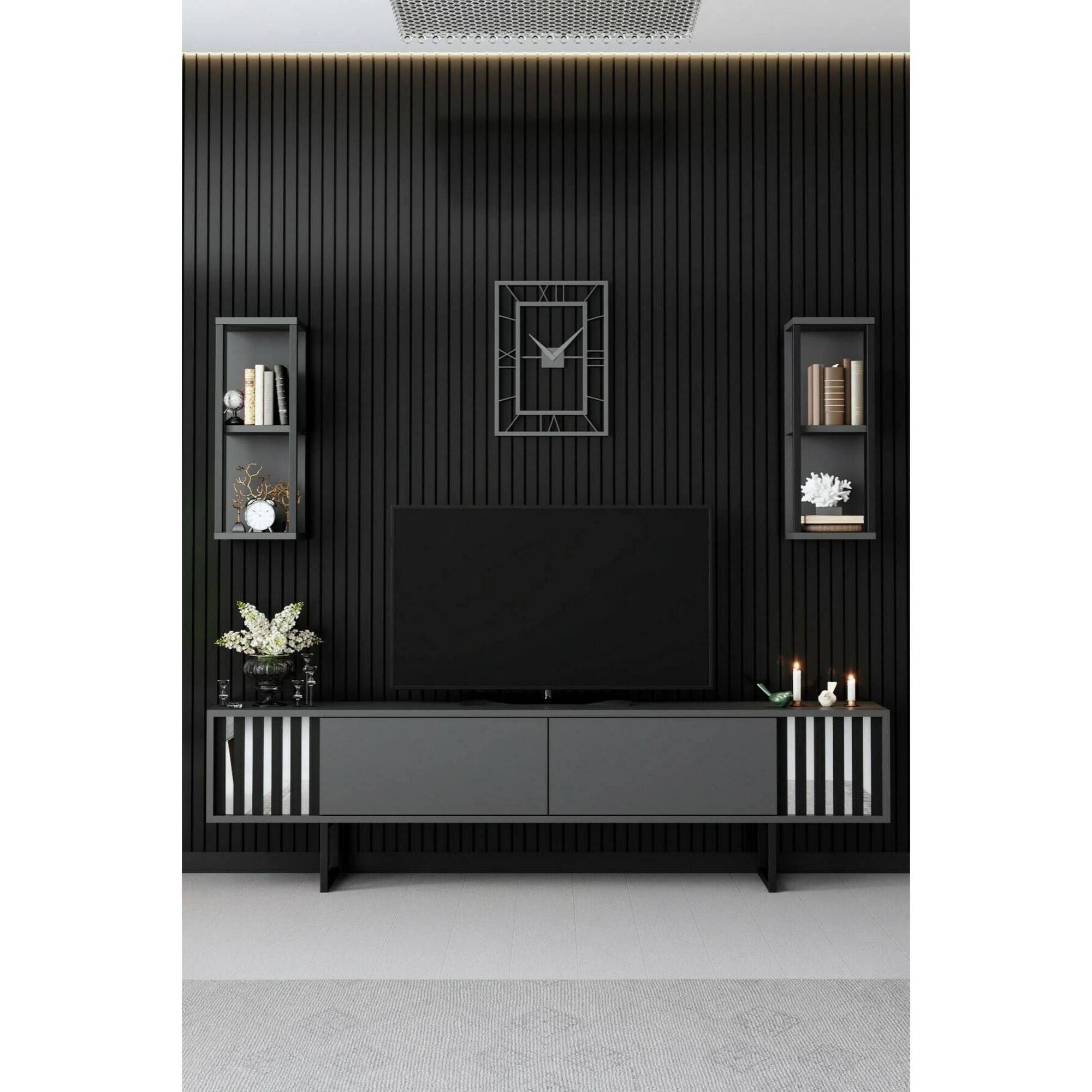 Mobile porta TV Dfantin, Credenza da soggiorno, Armadio basso per TV, Base parete attrezzata, 180x30h48 cm, Antracite e Nero