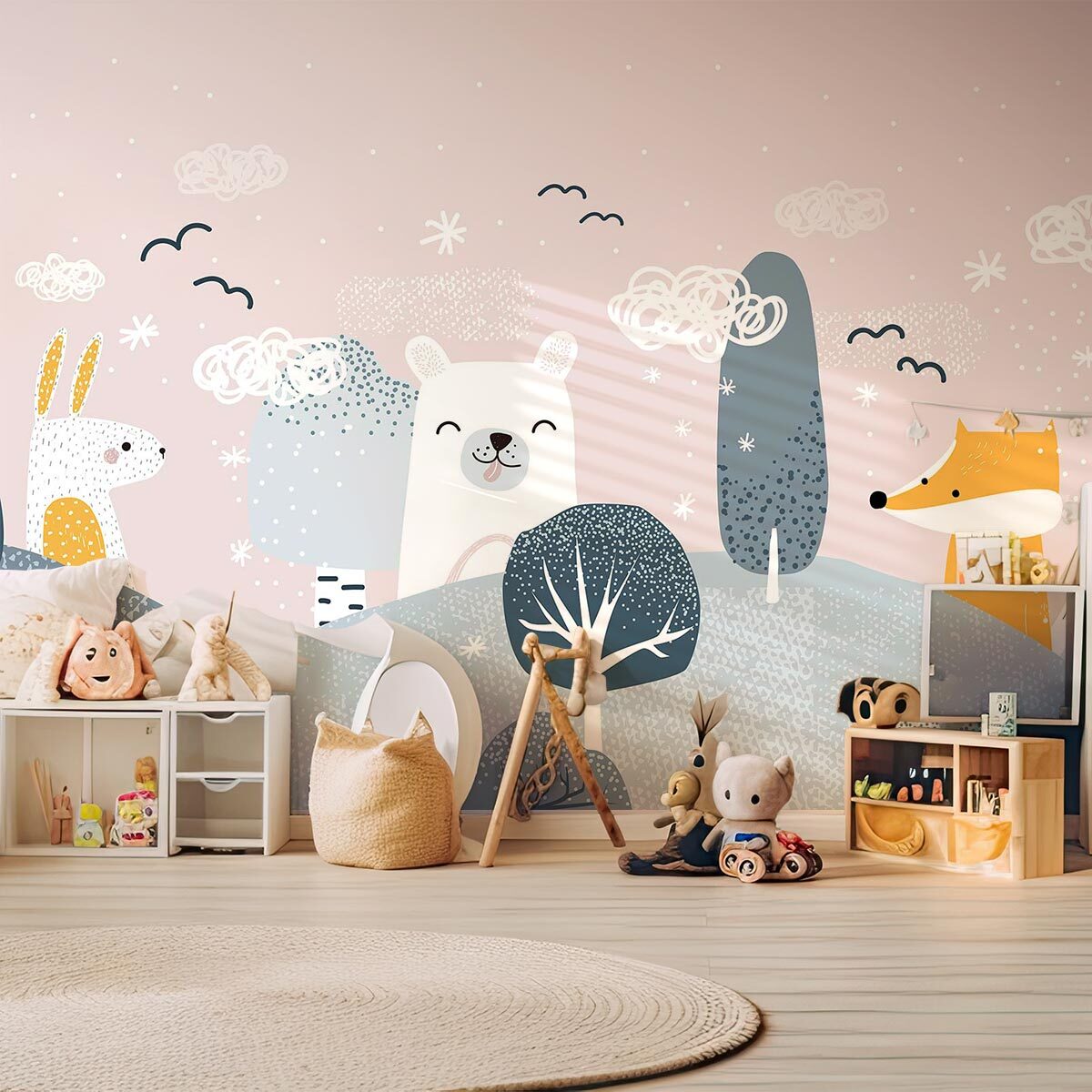 Papier peint enfant forêt douce animaux scandinave pastel Intissé
