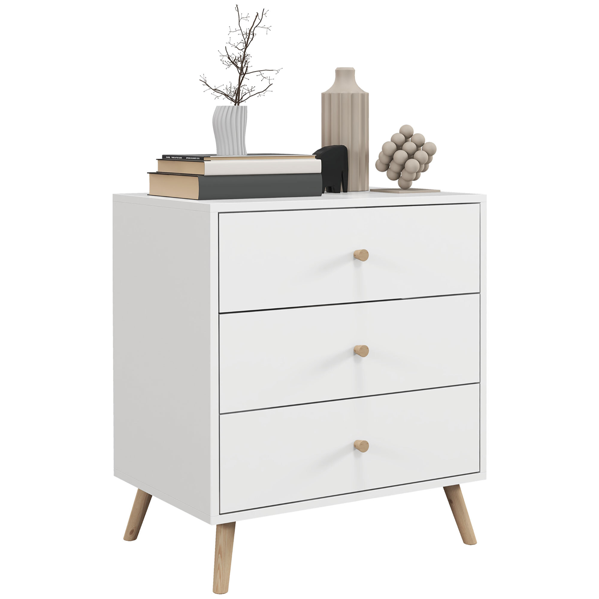 Commode 3 tiroirs design scandinave piètement effilé incliné bois pin MDF blanc