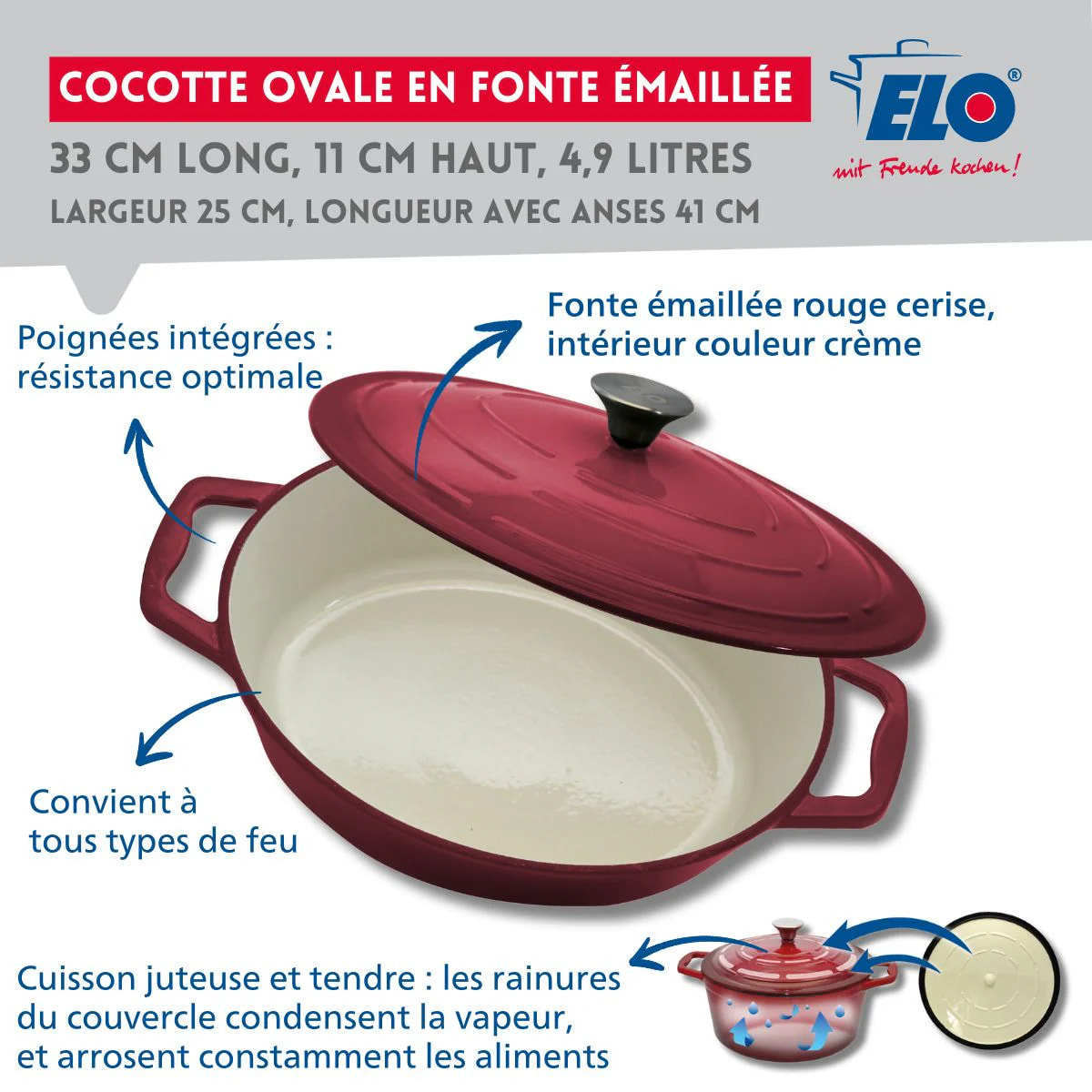 Cocotte ovale en fonte émaillée 33 cm de long rouge cerise 4,9 L Elo