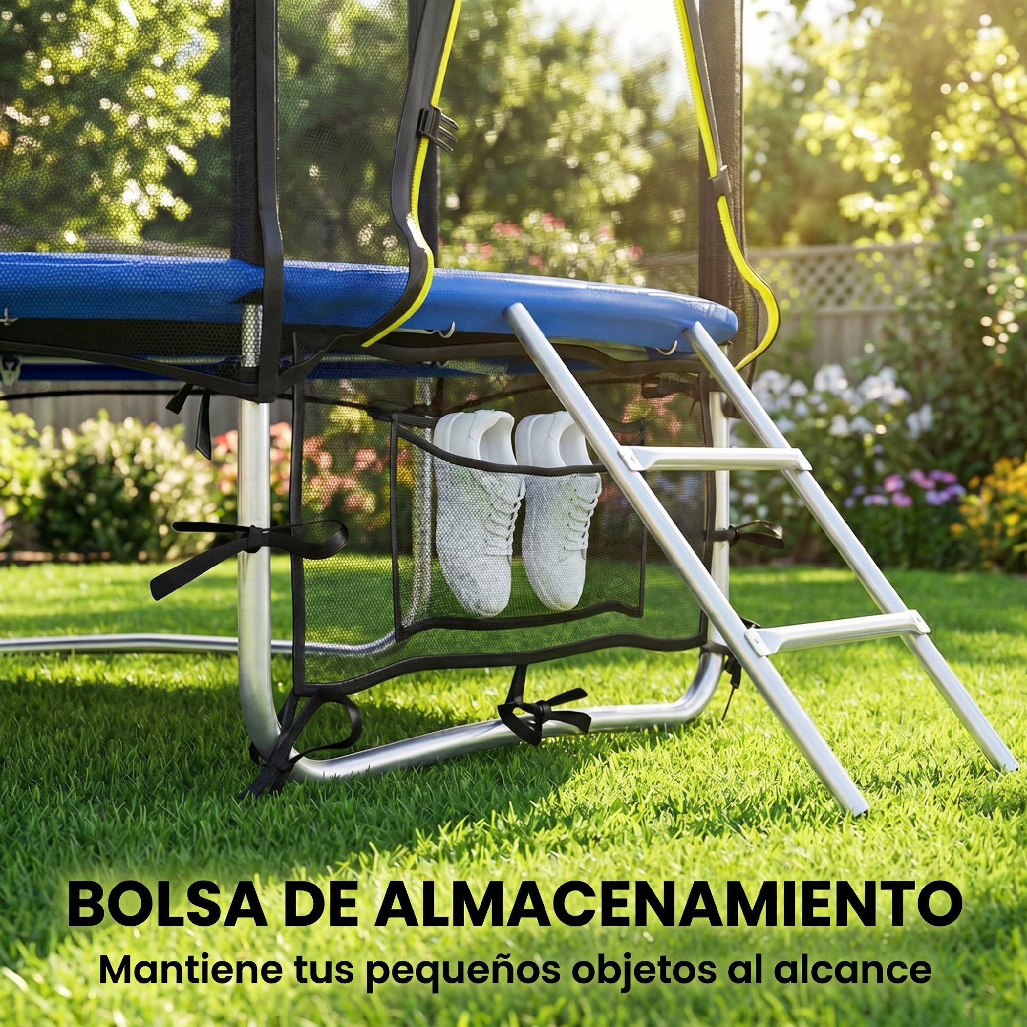 Cama Elástica Niños Exterior Ø183 cm, Trampolín para Niños de +6 Años con Red de Seguridad, Escalera de 2 Peldaños, Cubierta de Muelles, Bolsa de Almacenamiento, Carga 80 kg, Azul