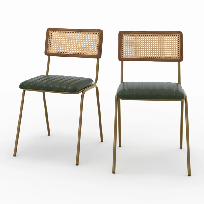 Lot de 2 chaises en cannage et cuir vert - Arsène