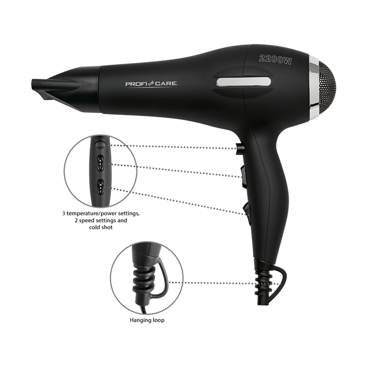 Sèche-cheveux professionnel 2200W Proficare PC-HT 3017 Noir