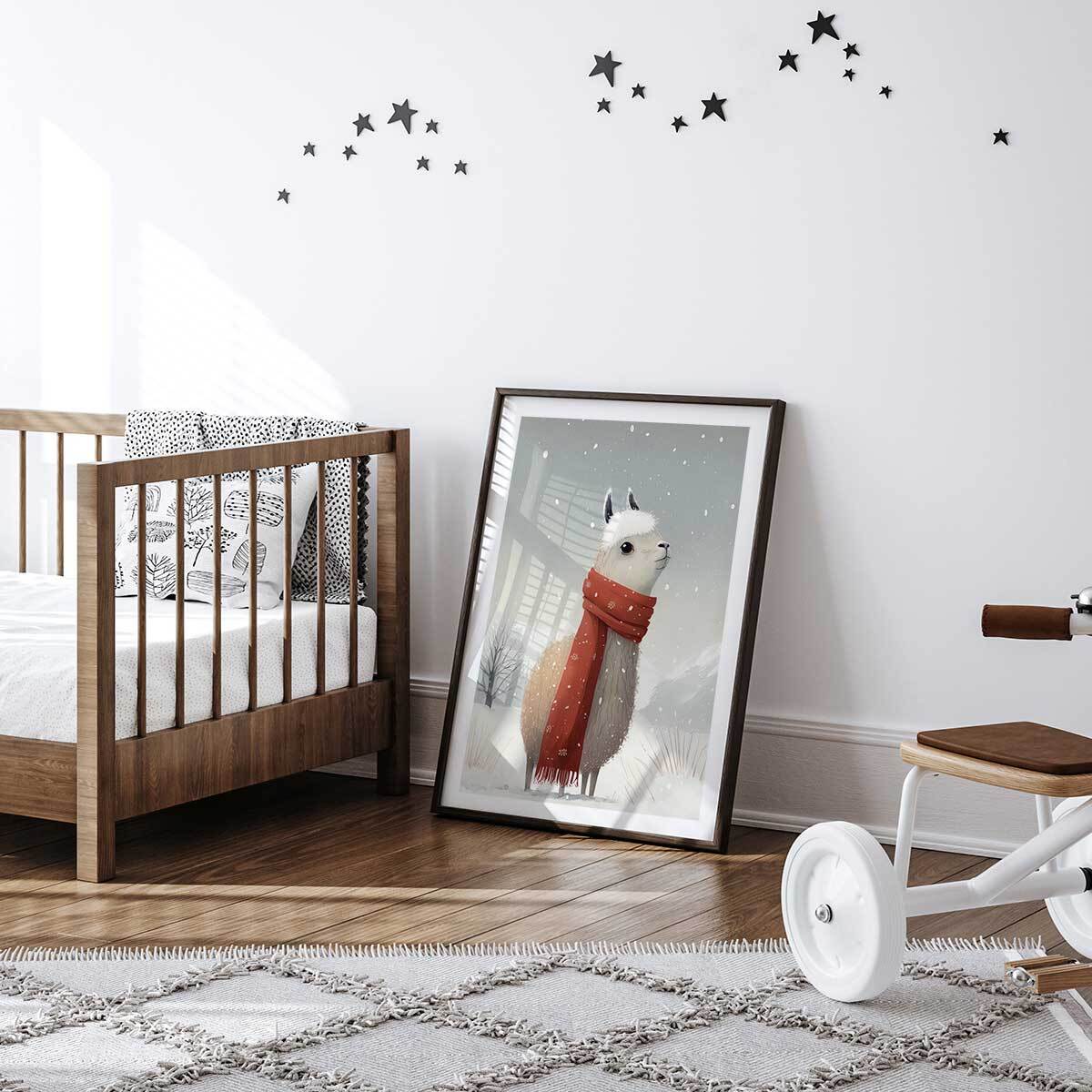 Affiche enfant lama et son écharpe  Affiche sous cadre noir