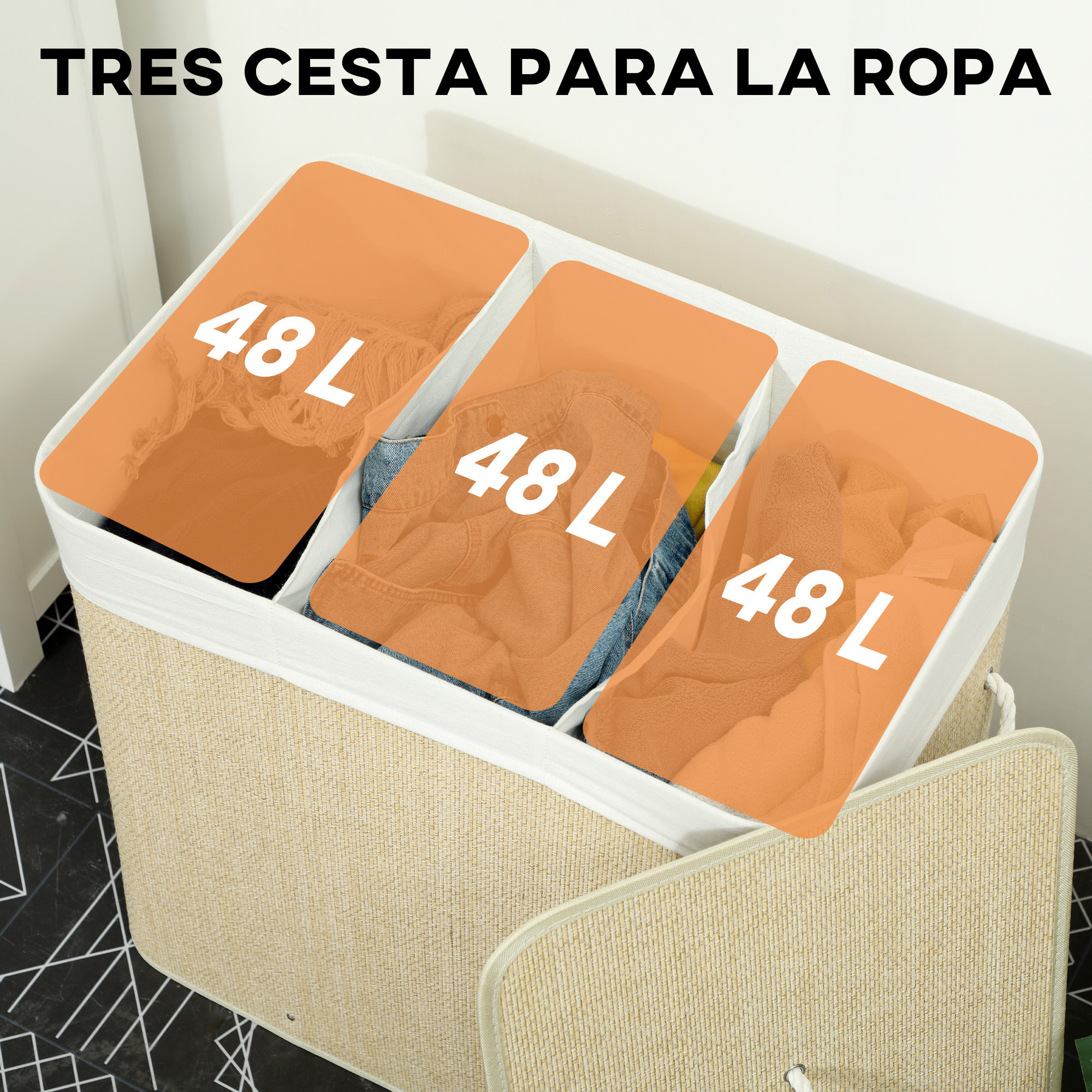 Cesto de Ropa Sucia con Tapa, 144L, Cesta Ropa Sucia de Bambú con 3 Compartimentos, Bolsa Interior Extraíble y Lavable, Asas, para Lavandería, Dormitorio, 60x40x60 cm, Crema