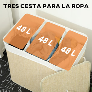 Cesto de Ropa Sucia con Tapa, 144L, Cesta Ropa Sucia de Bambú con 3 Compartimentos, Bolsa Interior Extraíble y Lavable, Asas, para Lavandería, Dormitorio, 60x40x60 cm, Crema