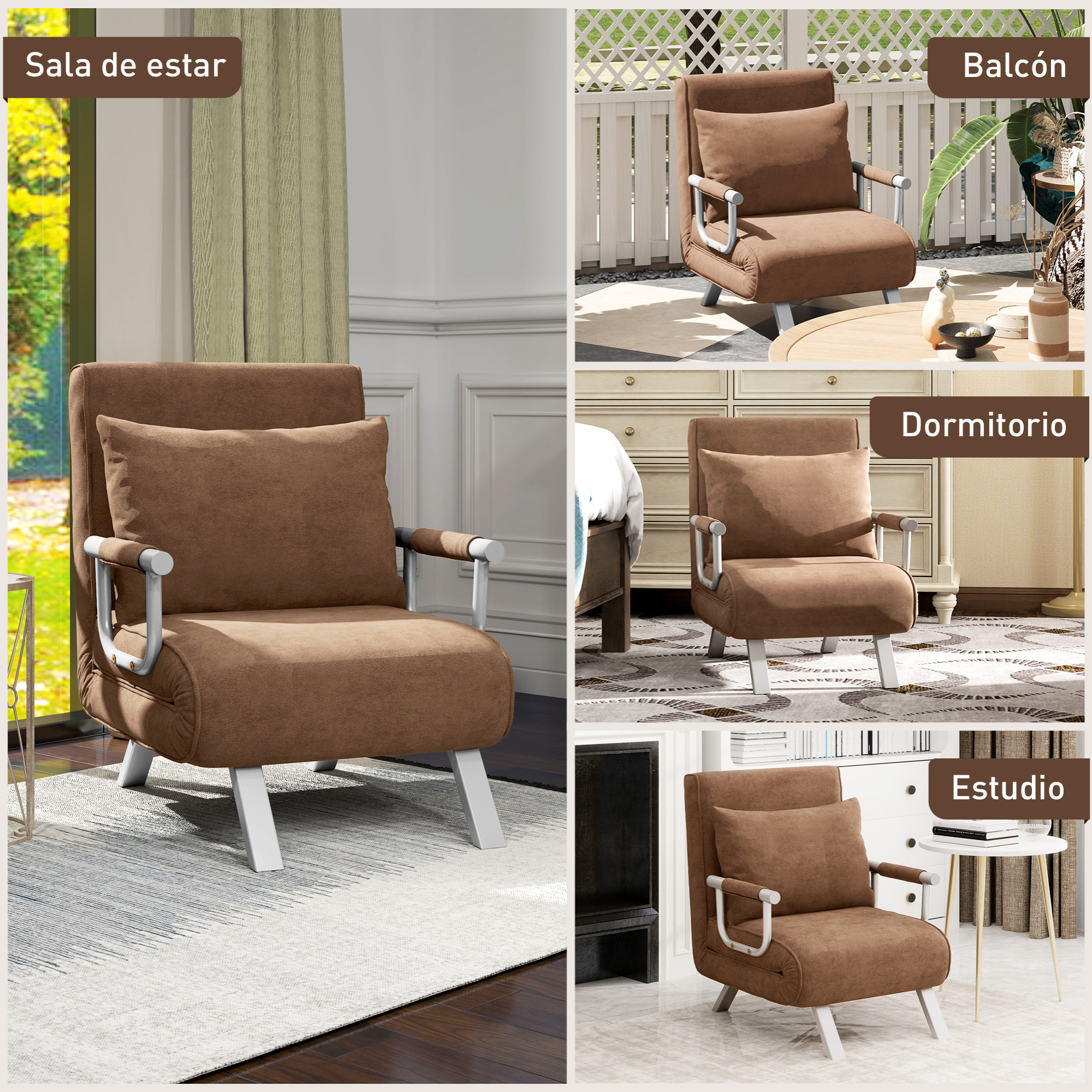Sofá Cama de 1 Plaza 2 en 1, Sillón Cama Plegable Tapizado en Ante Sintético, con Respaldo Ajustable en 5 Niveles y Almohada Acolchada, para Oficina, Dormitorio, Salón, 65x69x80 cm, Marrón