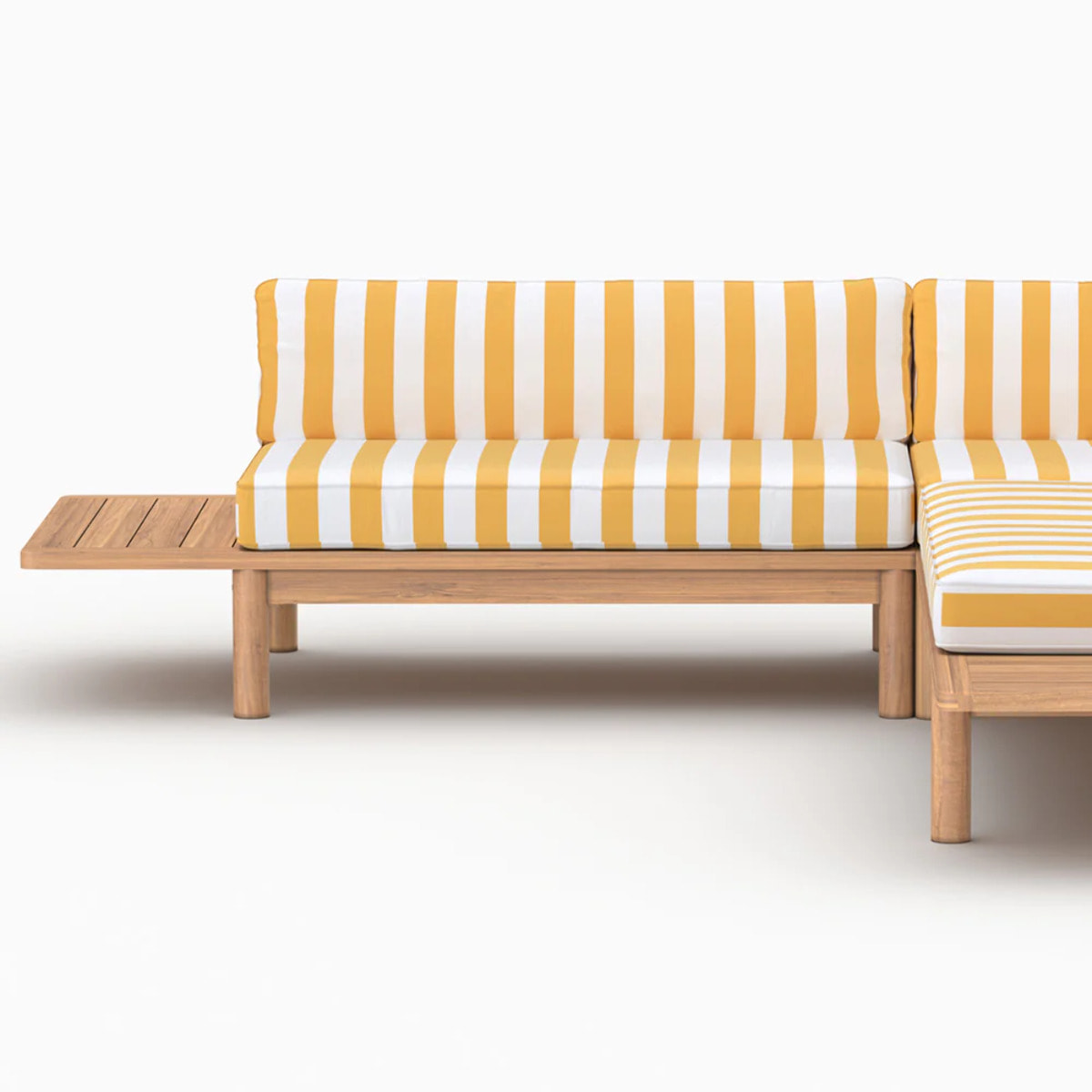 Canapé d'angle de jardin, teck massif, coussins rayés jaunes 4 places - Nadila