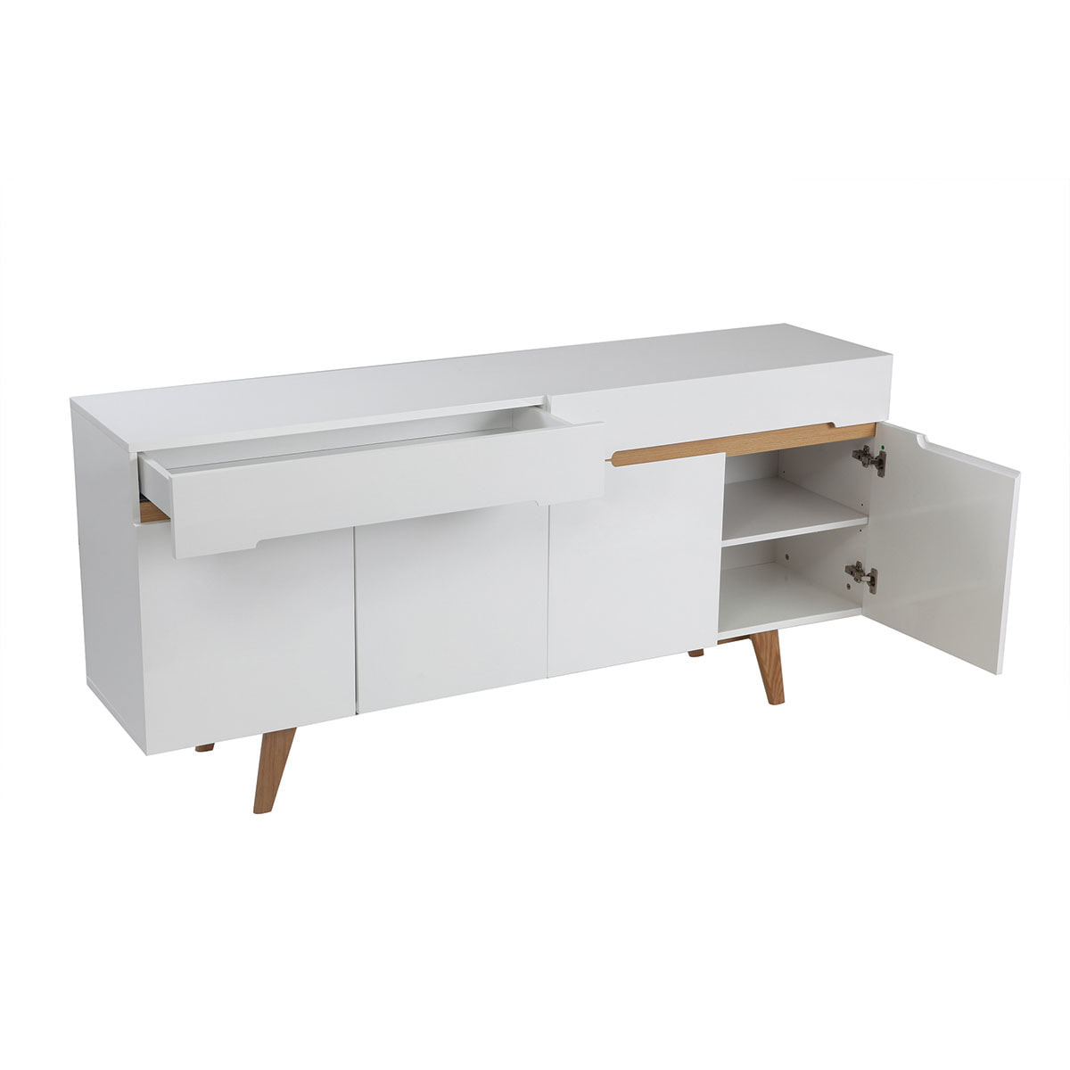 Buffet scandinave blanc laqué brillant et finition bois clair 4 portes 2 tiroirs L180 cm MELKA