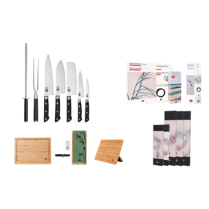 Il Set Deluxe Completo Hashi Classico 10 pezzi: 5 coltelli (ufficio + petty + nakiri + santoku + gyuto) + supporto magnetico per coltelli in bambù + tagliere in bambù + set per affilatura grana 180/800 + acciaino + forchetta da taglio