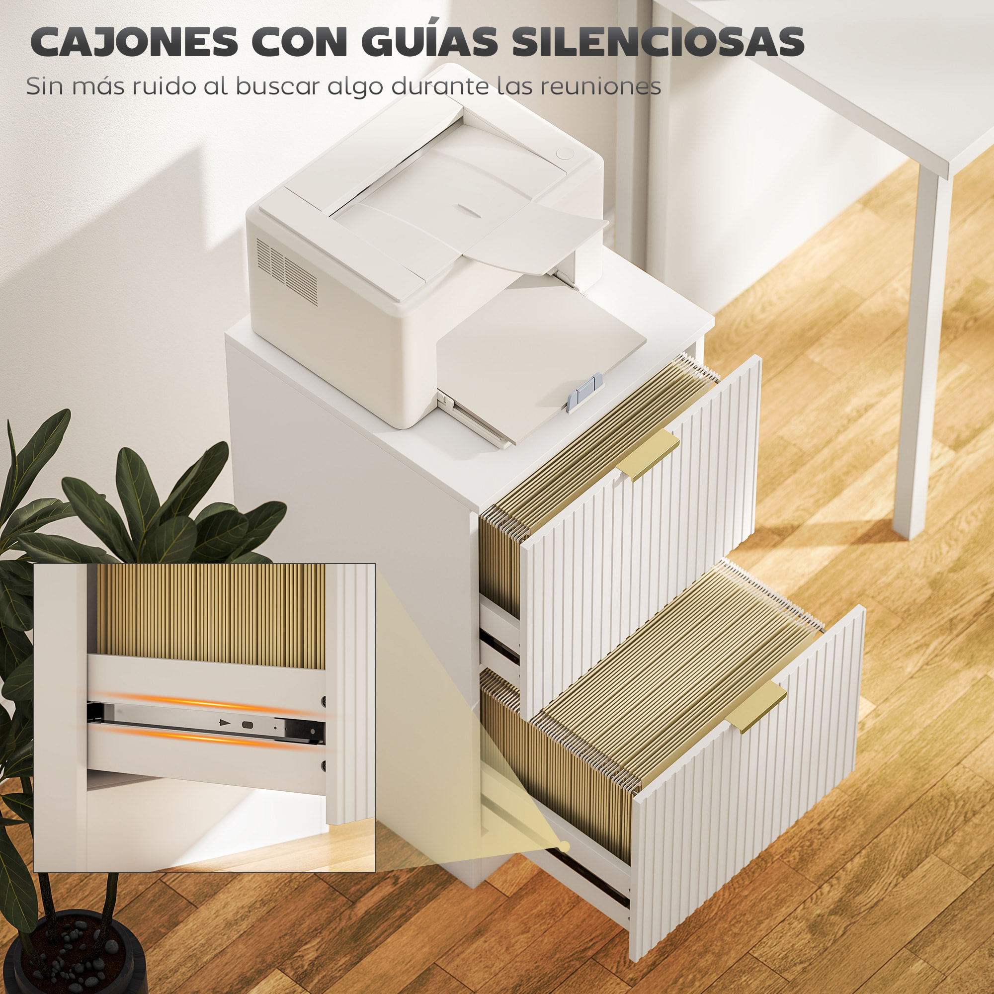 Cajonera de Oficina con 2 Cajones Cajonera de Escritorio con Frentes Acanalados Mueble Archivador para Tamaño A4 o Carta para Estudio 40x40x71 cm Blanco