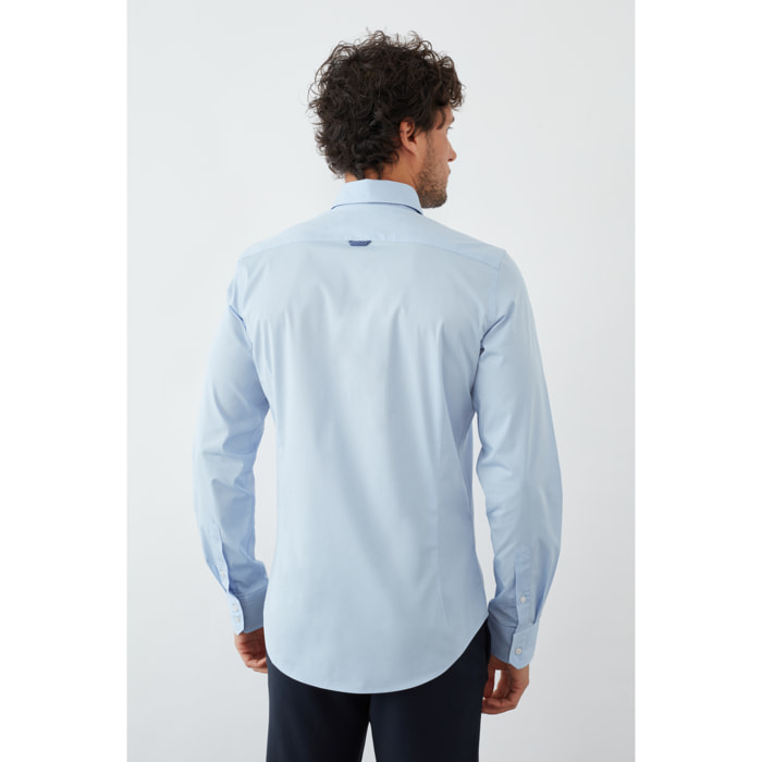 Camicia Uomo 2 Bottoni Button Down Slim Popeline Stretch Unito Celeste