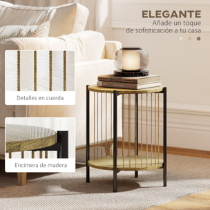Mesa Auxiliar Redonda de 2 Niveles Mesita Auxiliar Bohemio con Estante y Estructura de Acero para Salón Dormitorio 43,5x43,5x51 cm Natural
