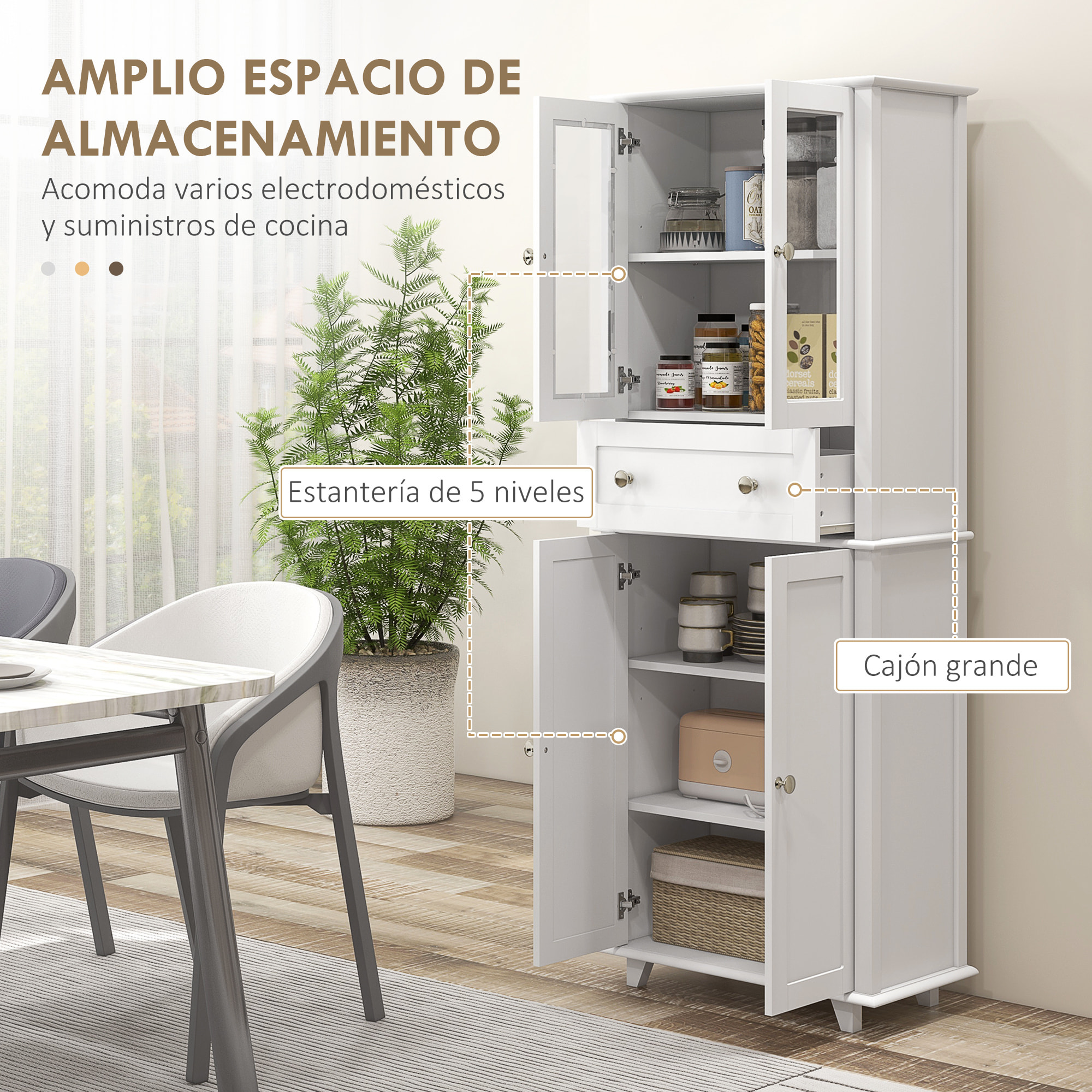 Alacena de Cocina Despensa Armario de Cocina con 2 Puertas de Vidrio Templado Cajón y Estantes Ajustables Aparador para Comedor 61x35x168,5 cm Blanco
