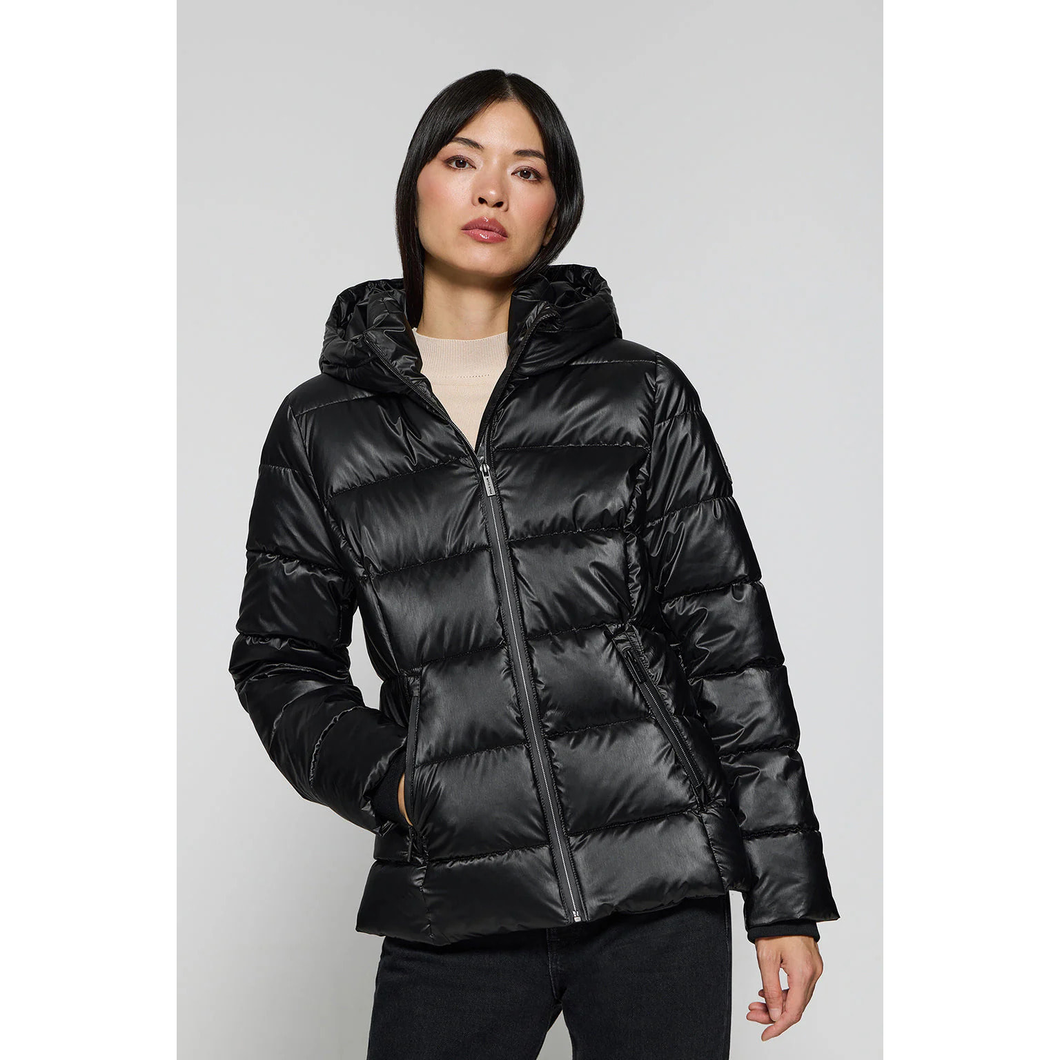 Chaquetón negro efecto brillo Snow de capucha fija y detalles Polo Club