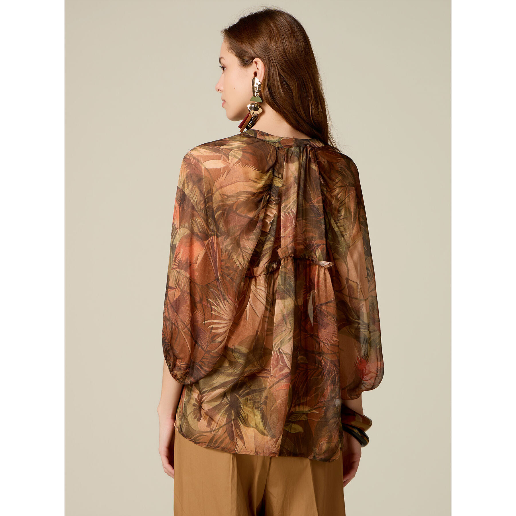 Oltre - Camicia in chiffon fantasia misto seta - Marrone