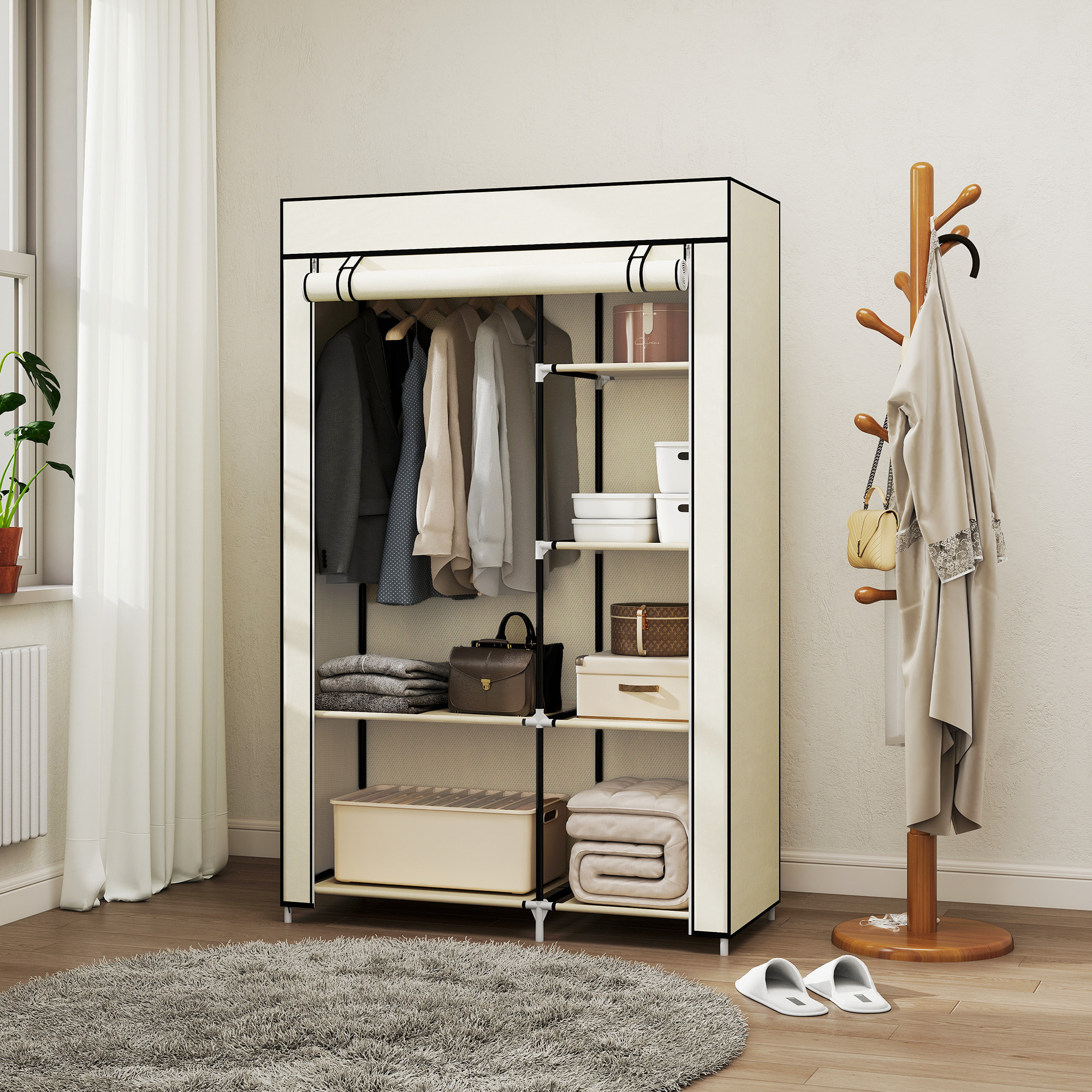 Armoire penderie multi-rangement - 6 étagères, 1 barre - dim. 103L x 43l x 162,5H cm - acier noir non tissé beige