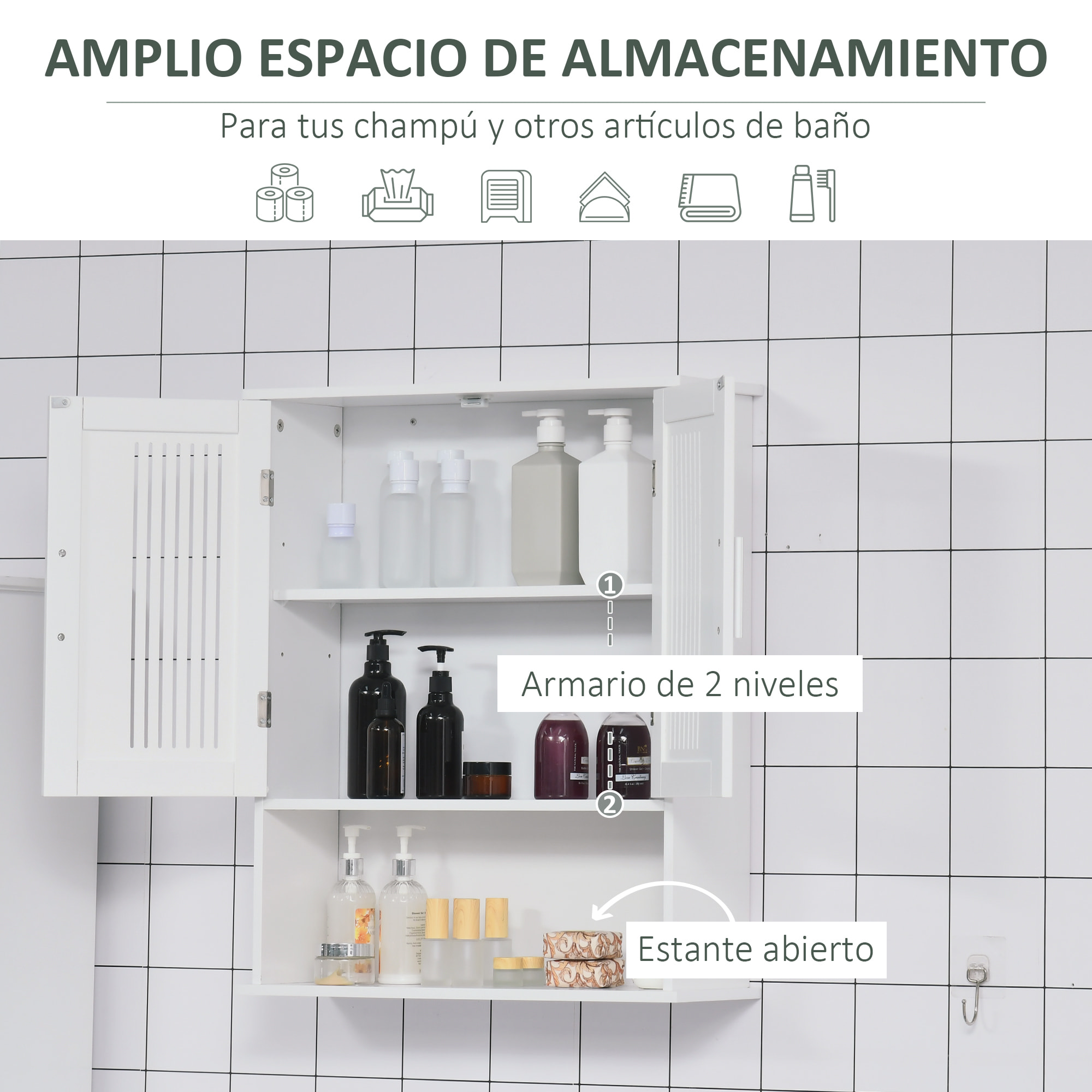 Armario de Pared para Baño Multiusos Mueble de Baño Suspendido Armario Colgante de Almacenamiento con 2 Puertas de Listones Estante Ajustable y Compartimento 60x20x70 cm Blanco