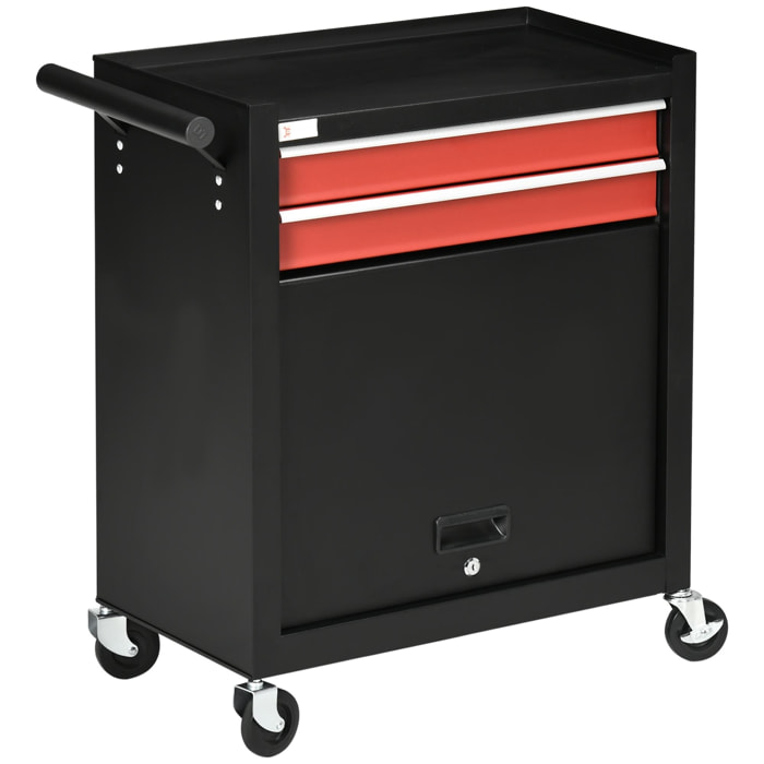 Servante d'atelier - caisse à outils - 2 tiroirs, coffre verrouillable - chariot d'atelier tôle acier rouge noir