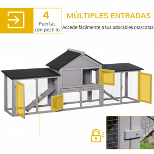 Conejera de Exterior Grande Jaula de Madera para 2-4 Conejos con Techo Asfáltico Recinto de Alambre Bandeja Extraíble y Rampas 210x45,5x84,5 cm Gris y Negro