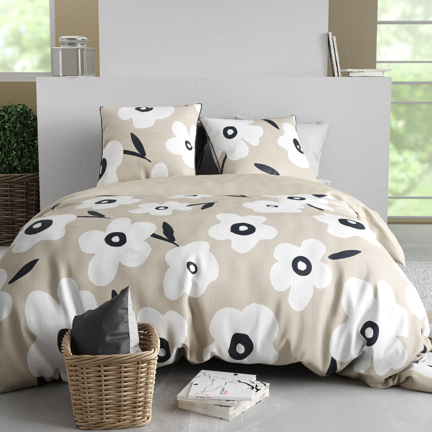 Parure housse de couette imprimé 100% coton - lena - blanc